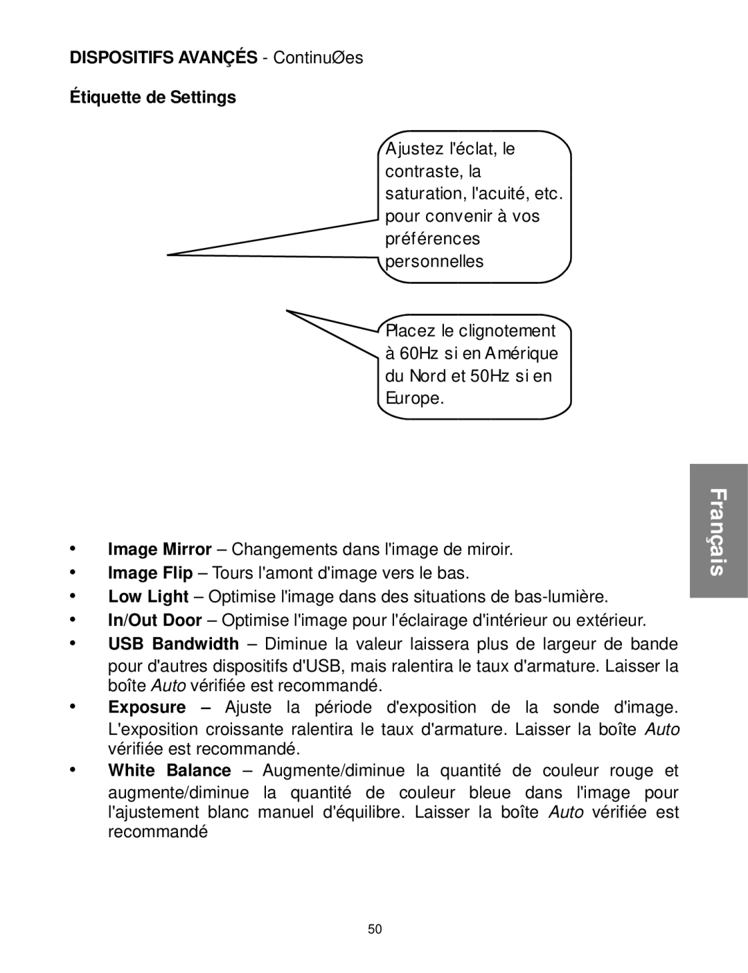 Envision Peripherals WebCam user manual Dispositifs Avançés Continuées Étiquette de Settings 