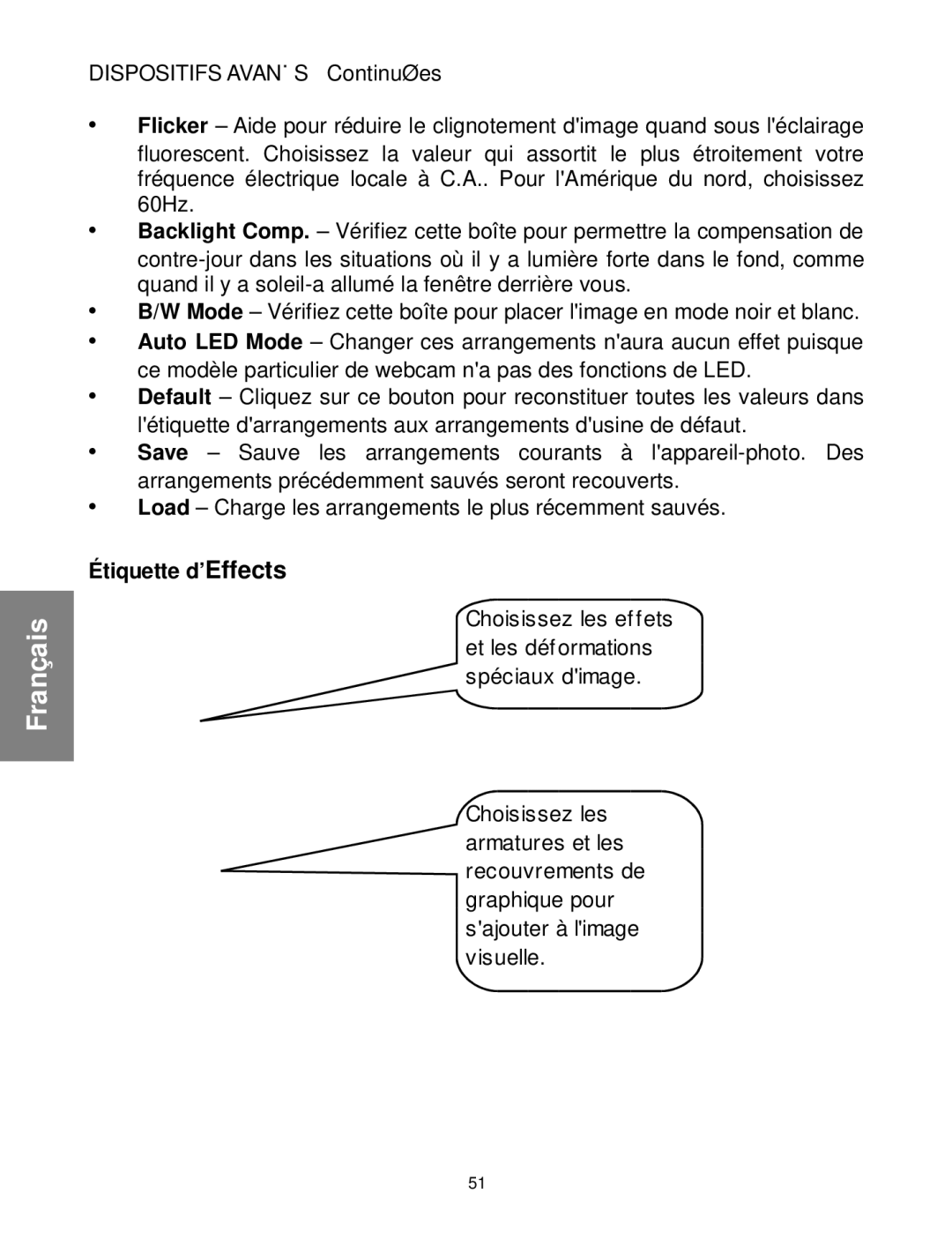 Envision Peripherals WebCam user manual Dispositifs Avançés Continuées, Étiquette d’Effects 