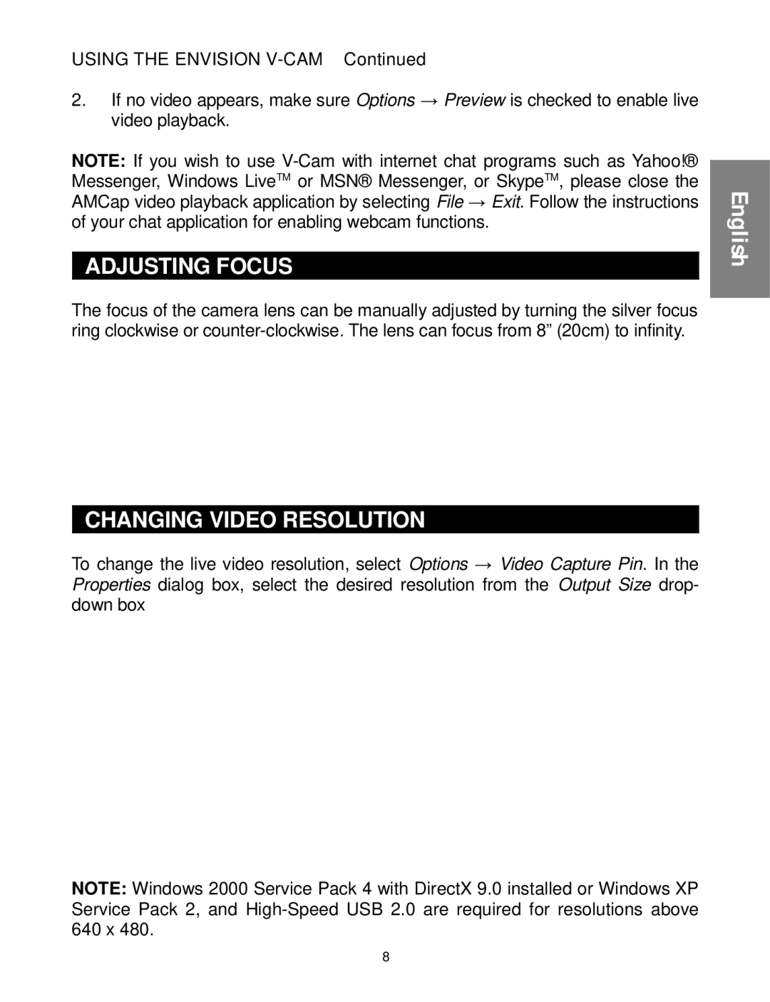 Envision Peripherals WebCam user manual Adjusting Focus, Changing Video Resolution, Using the Envision V-CAM 