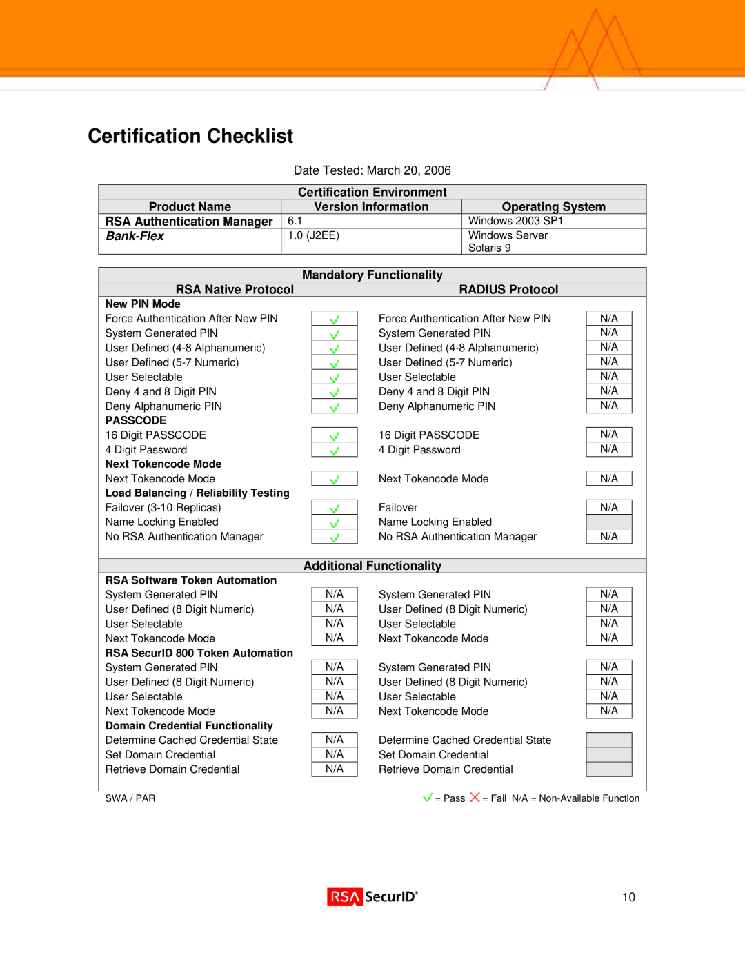 Eon Version 1.0 (J2EE) on Solaris 9 Certification Checklist, Mandatory Functionality RSA Native Protocol Radius Protocol 