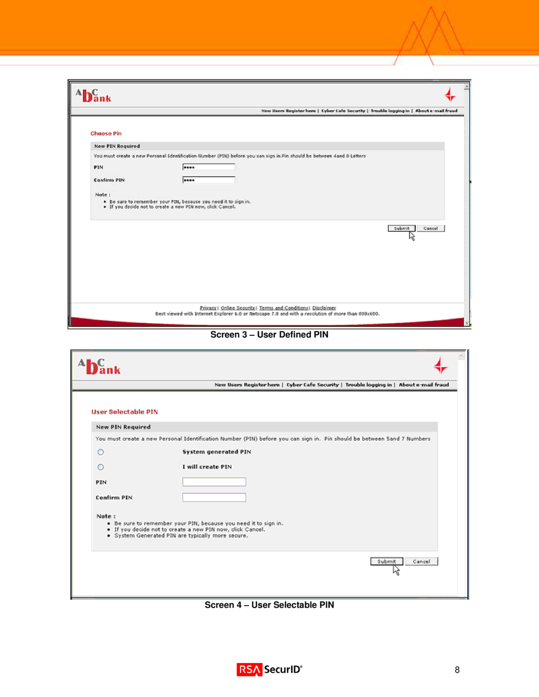 Eon Version 1.0 (J2EE) on Solaris 9 manual Screen 3 User Defined PIN Screen 4 User Selectable PIN 