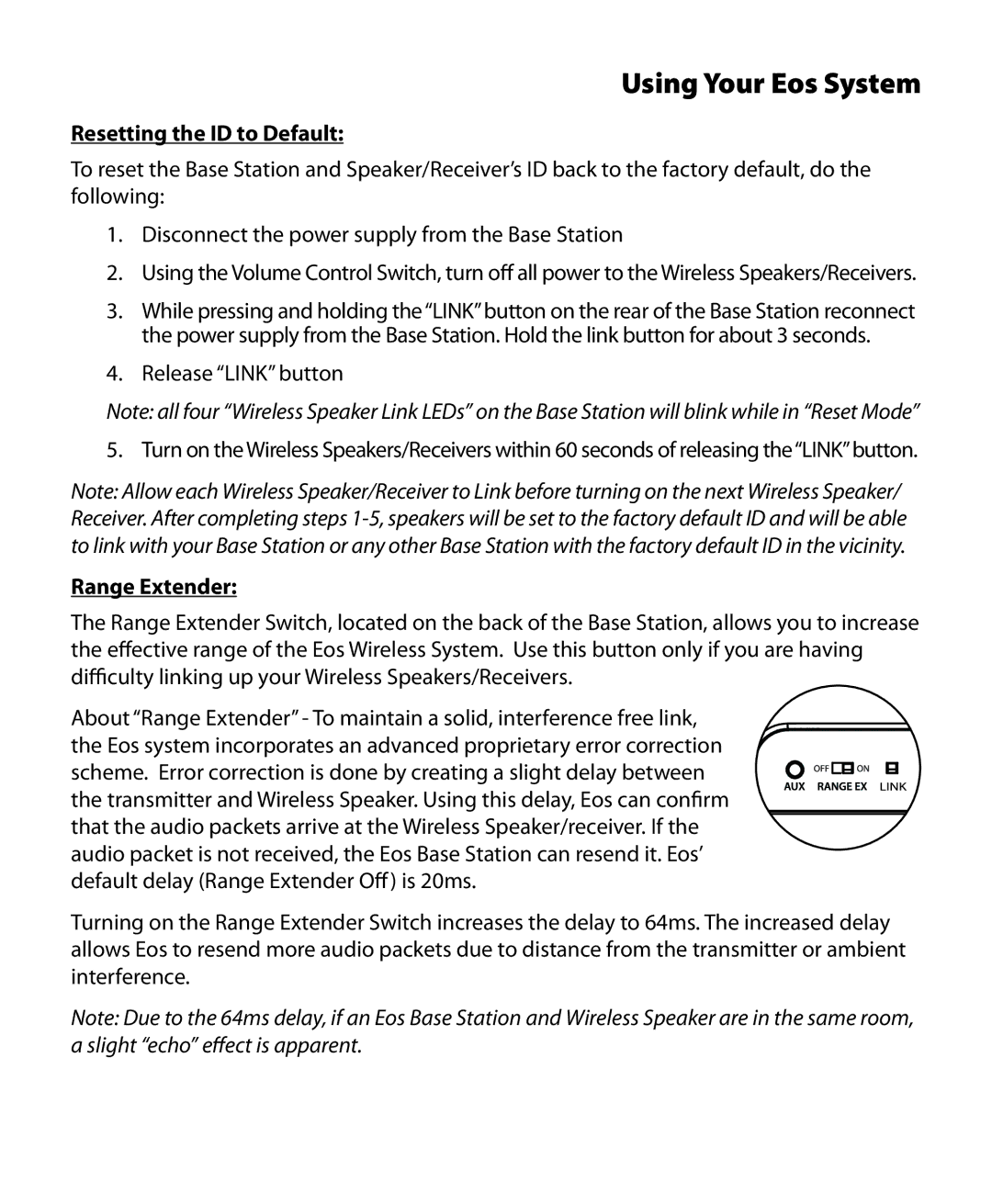 Eos Wireless Digital Wireless Multi-Room Audio System owner manual Resetting the ID to Default, Range Extender 