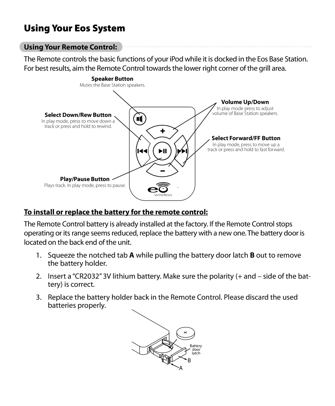 Eos Wireless Digital Wireless Multi-Room Audio System owner manual Using Your Remote Control 