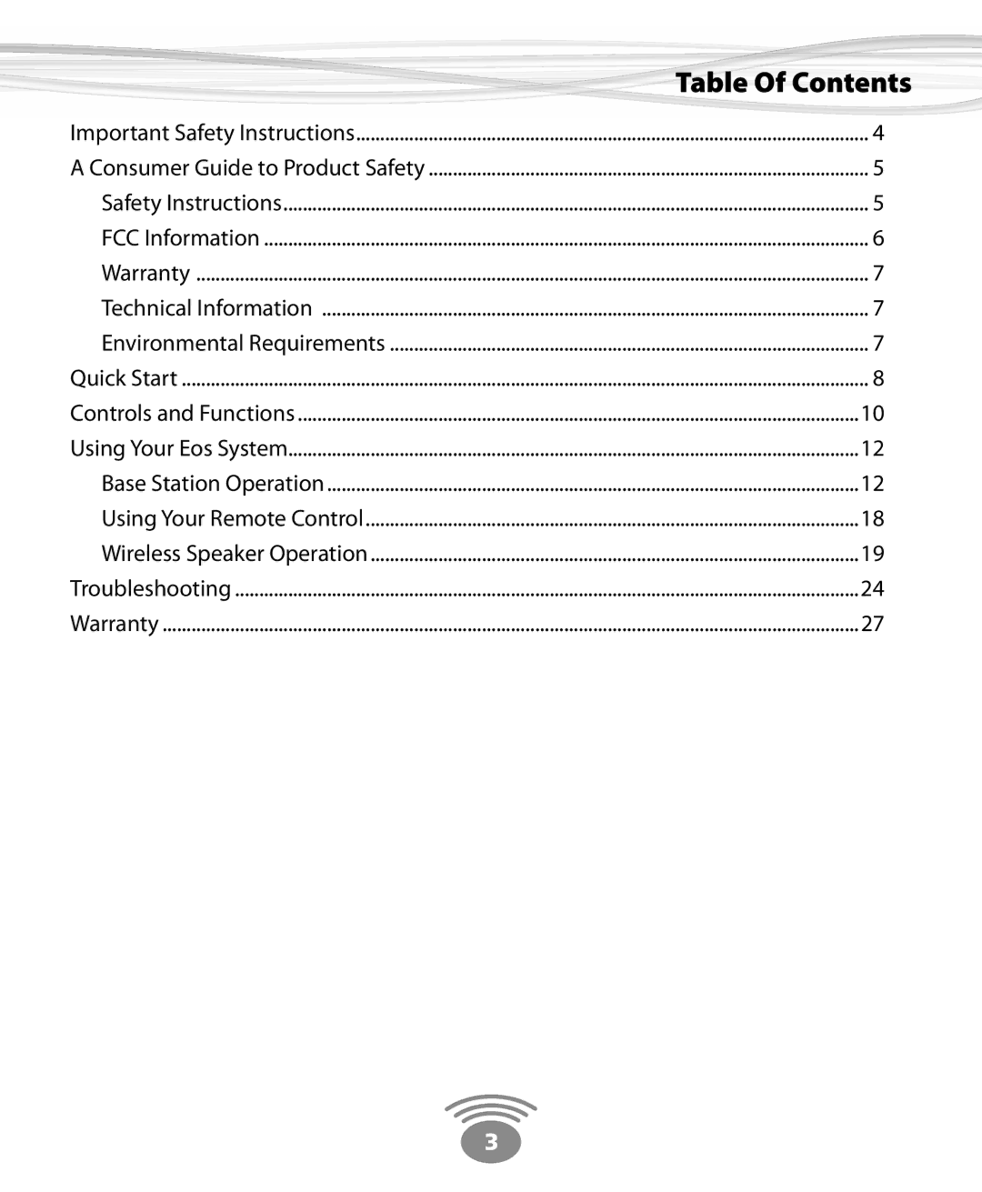 Eos Wireless Digital Wireless Multi-Room Audio System owner manual Table Of Contents 