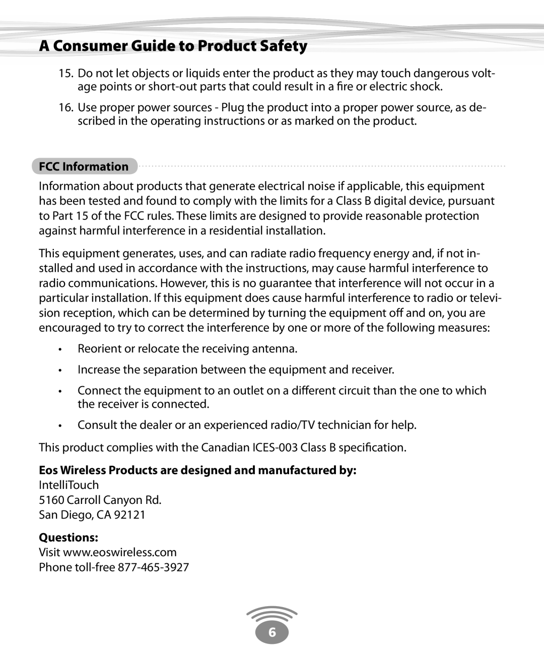 Eos Wireless Digital Wireless Multi-Room Audio System owner manual FCC Information, Questions 