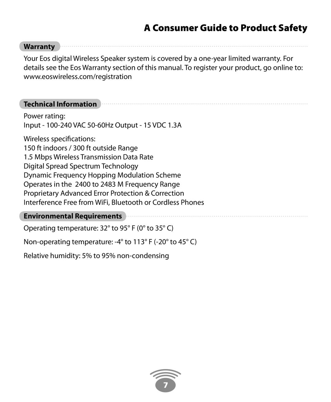 Eos Wireless Digital Wireless Multi-Room Audio System Warranty Technical Information, Environmental Requirements 