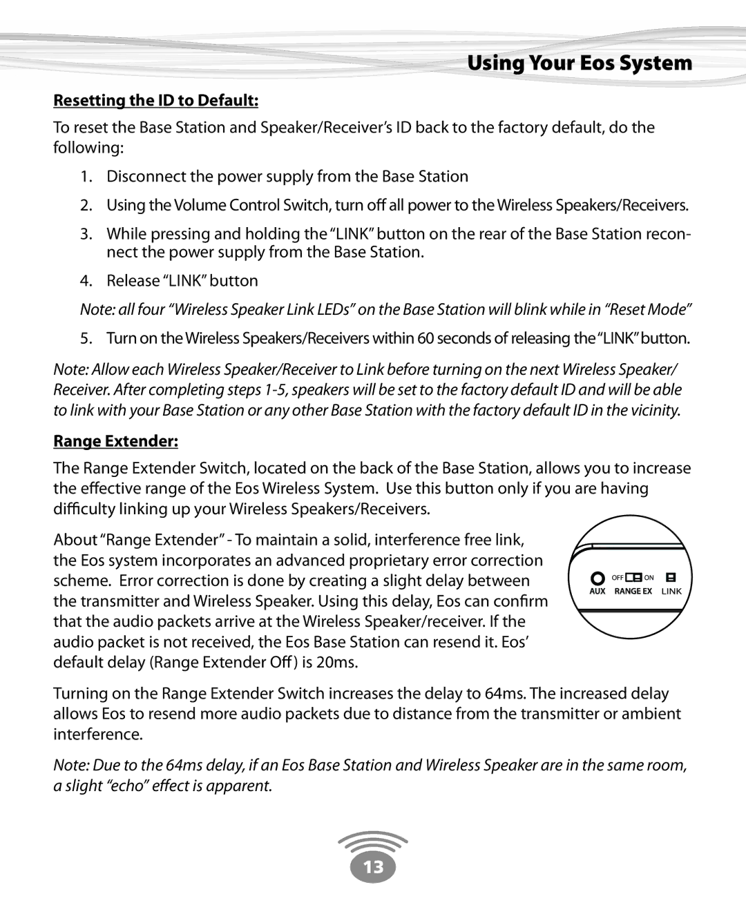 Eos Wireless Wireless Stereo Speaker owner manual Resetting the ID to Default, Range Extender 