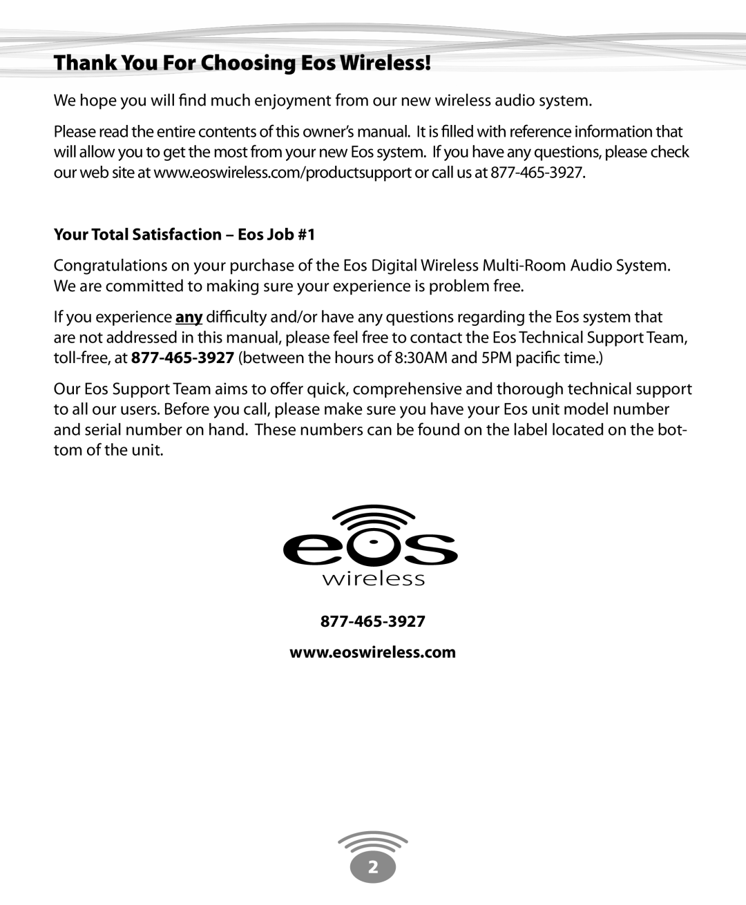 Eos Wireless Wireless Stereo Speaker owner manual Thank You For Choosing Eos Wireless, Your Total Satisfaction Eos Job #1 