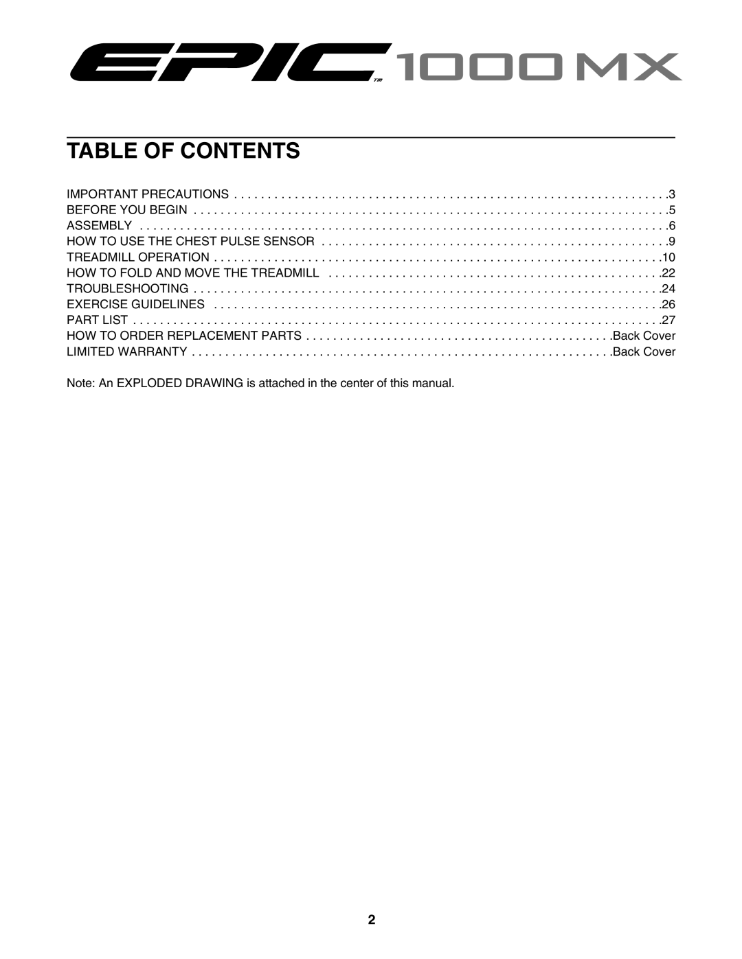 Epic Fitness 1000MX manual Table of Contents 