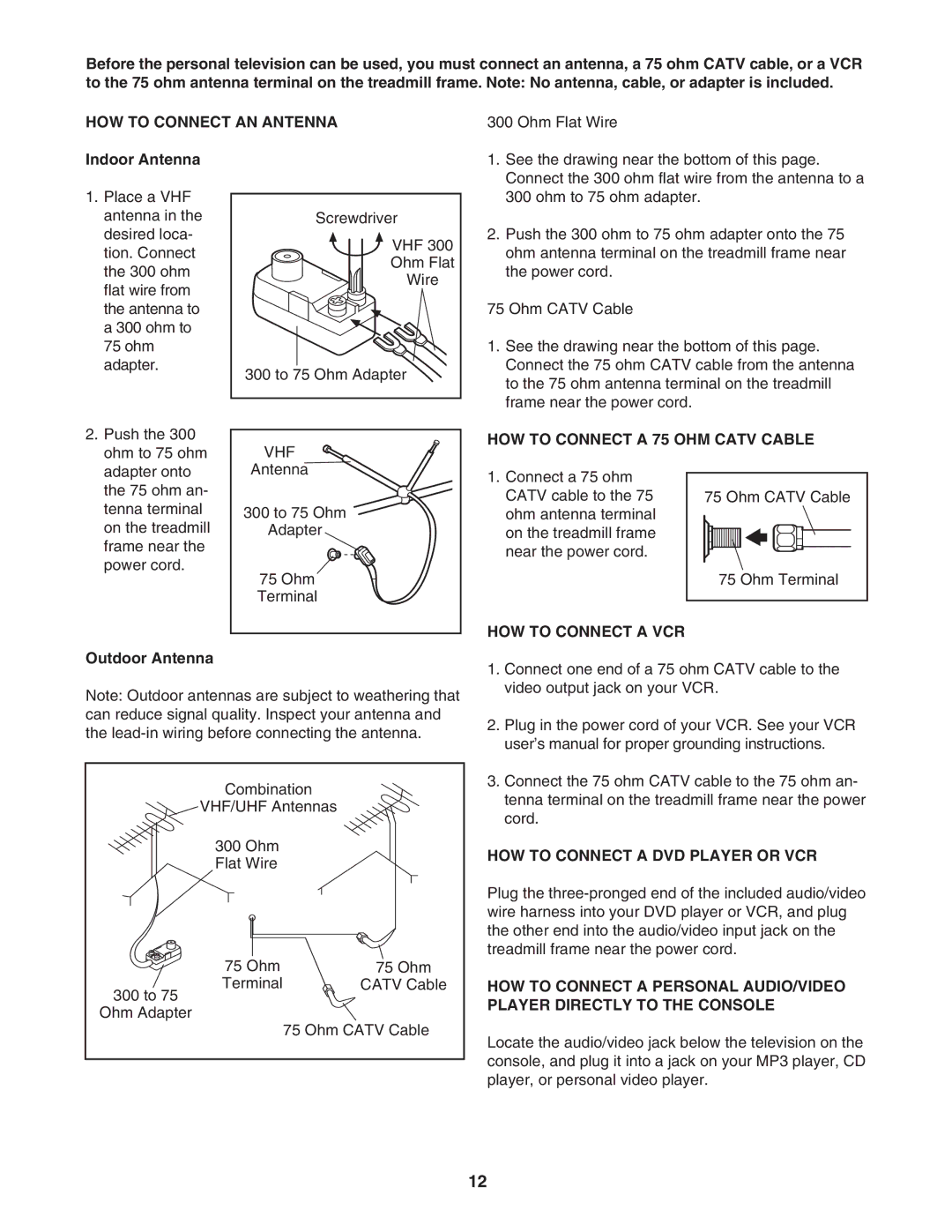 Epic Fitness ECTL09706.1 manual HOW to Connect AN Antenna, HOW to Connect a 75 OHM Catv Cable, HOW to Connect a VCR 