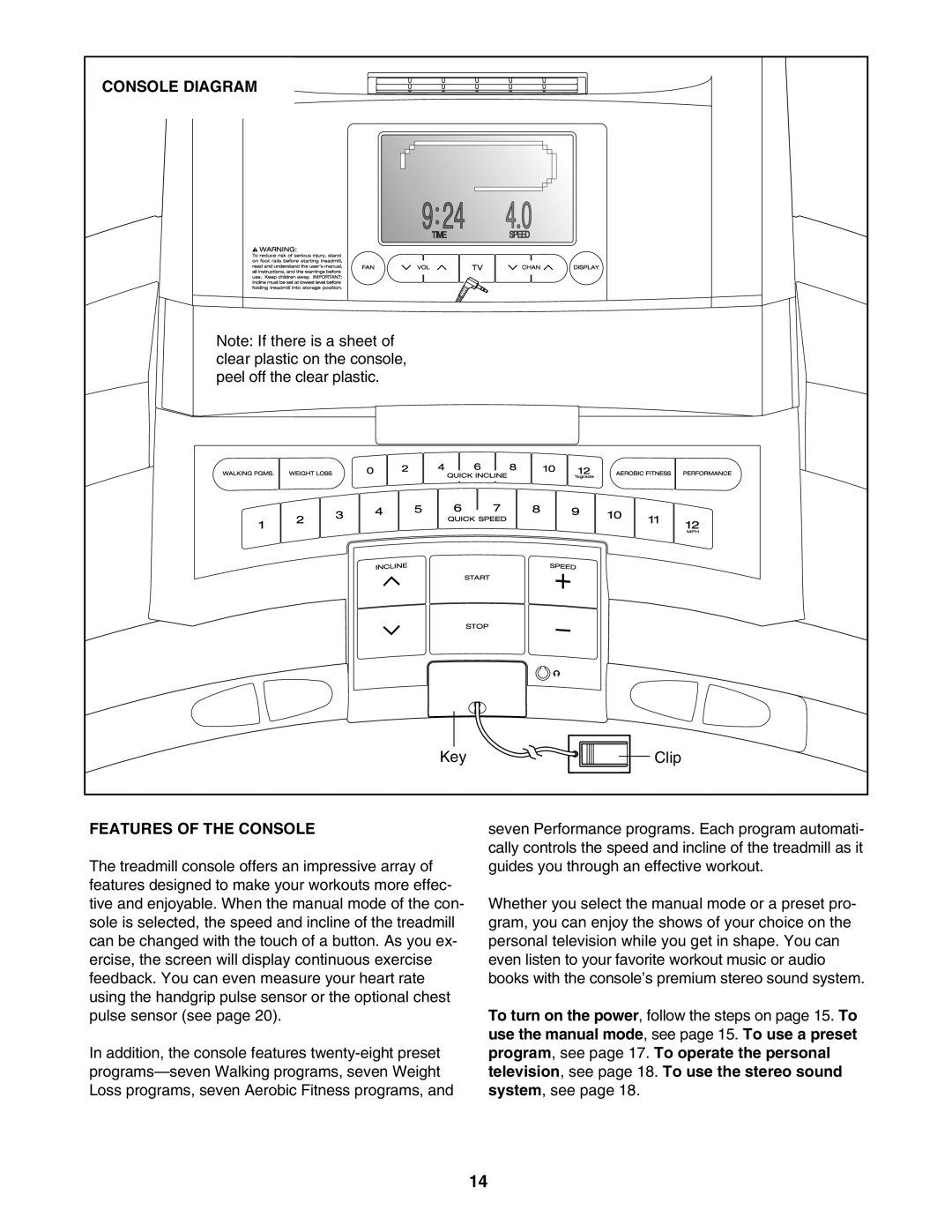 Epic Fitness ECTL09706.1 manual Console Diagram, Features of the Console 