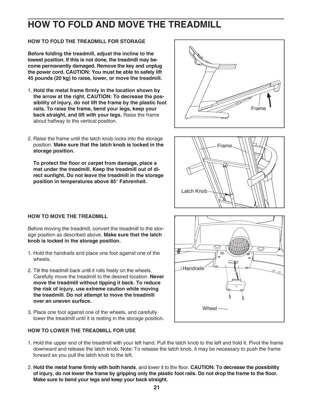 Epic Fitness ECTL09706.1 manual HOW to Fold and Move the Treadmill, HOW to Fold the Treadmill for Storage 