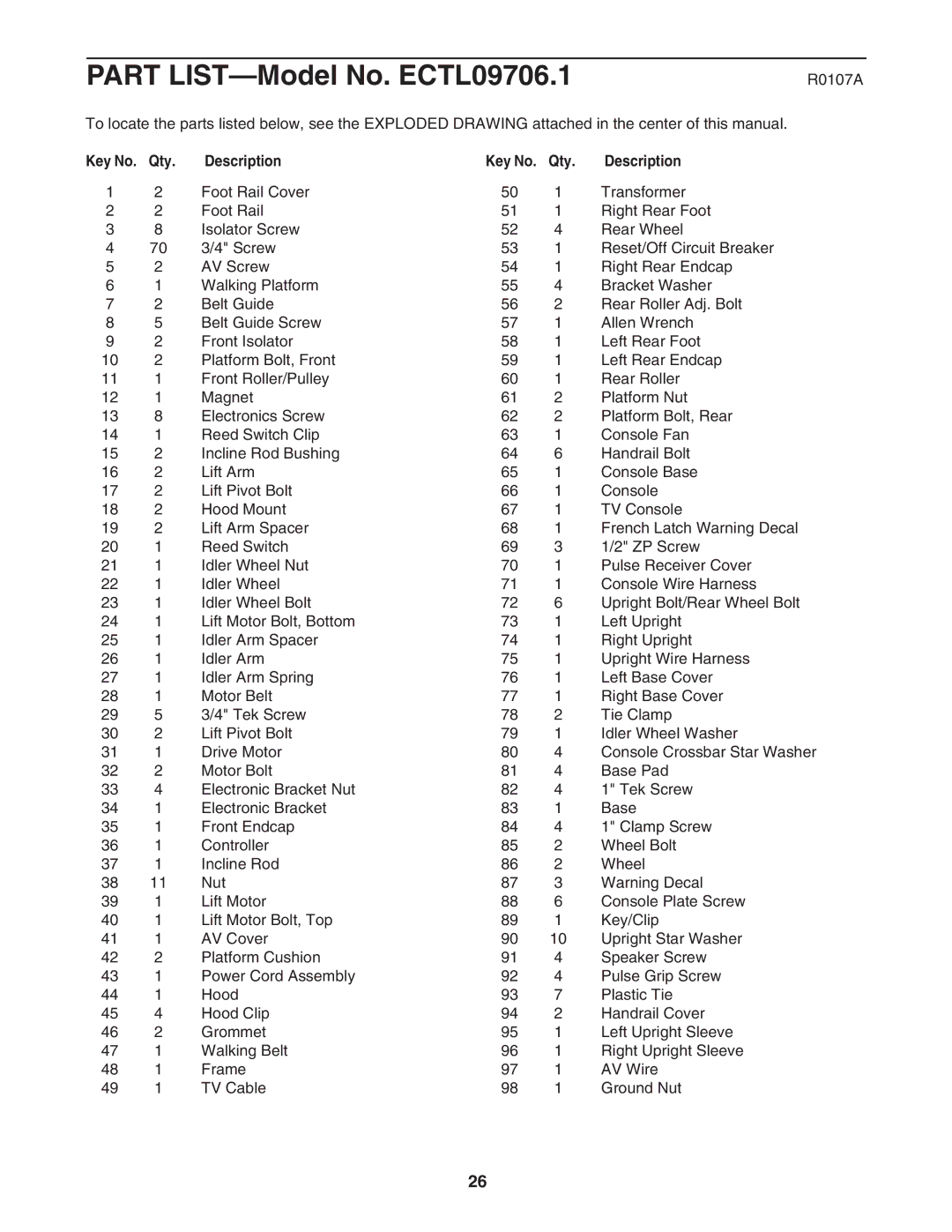 Epic Fitness ECTL09706.1 manual R0107A, Qty Description 
