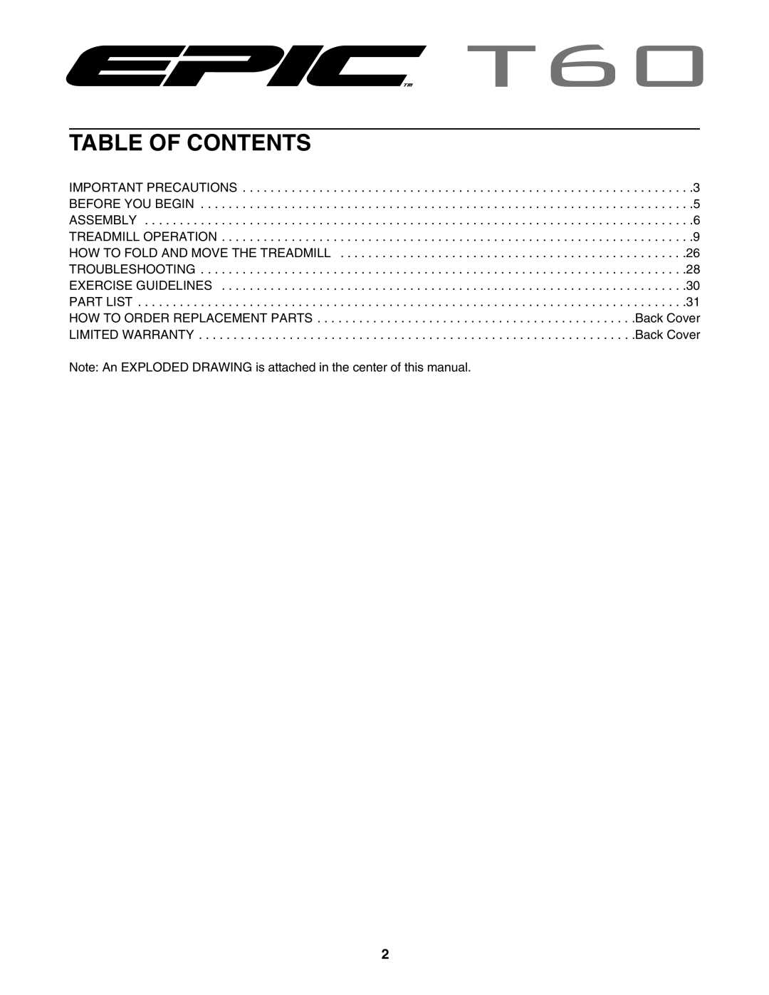 Epic Fitness ECTL81804.1 manual Table of Contents 