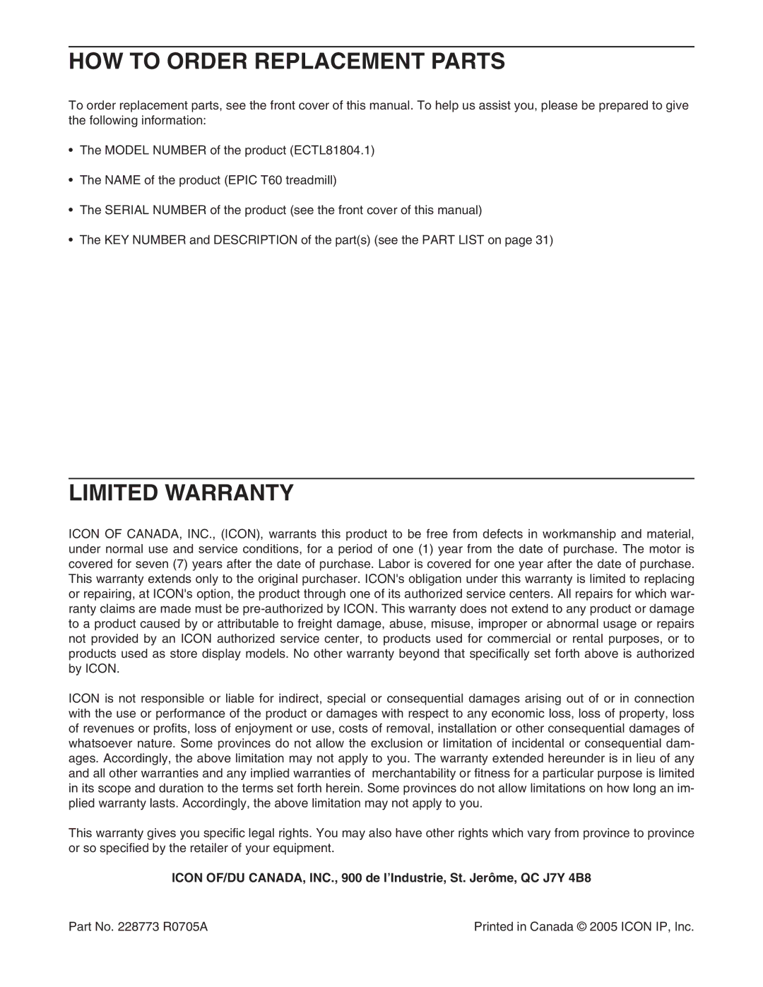 Epic Fitness ECTL81804.1 manual HOW to Order Replacement Parts, Limited Warranty 