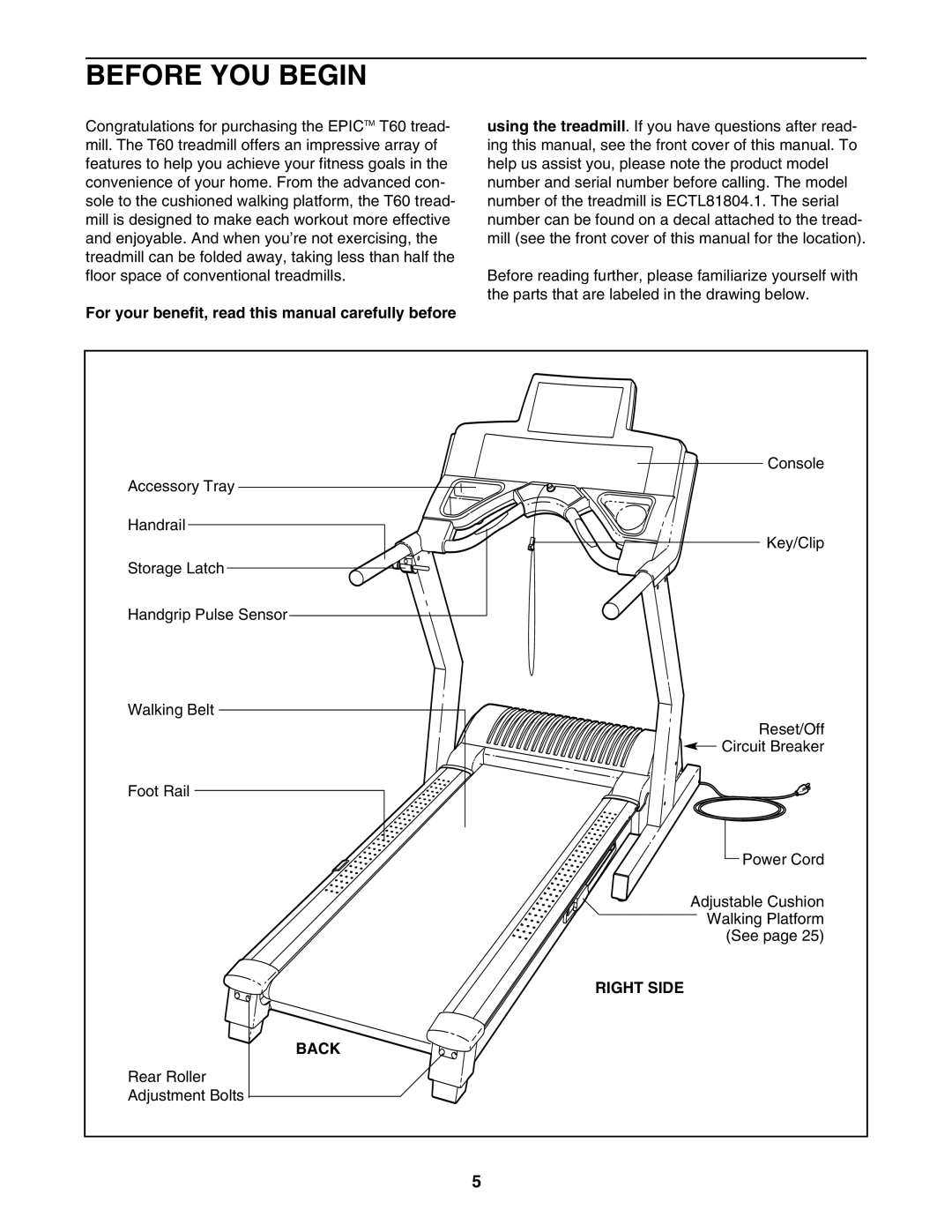 Epic Fitness ECTL81804.1 Before YOU Begin, For your benefit, read this manual carefully before, Right Side, Back 