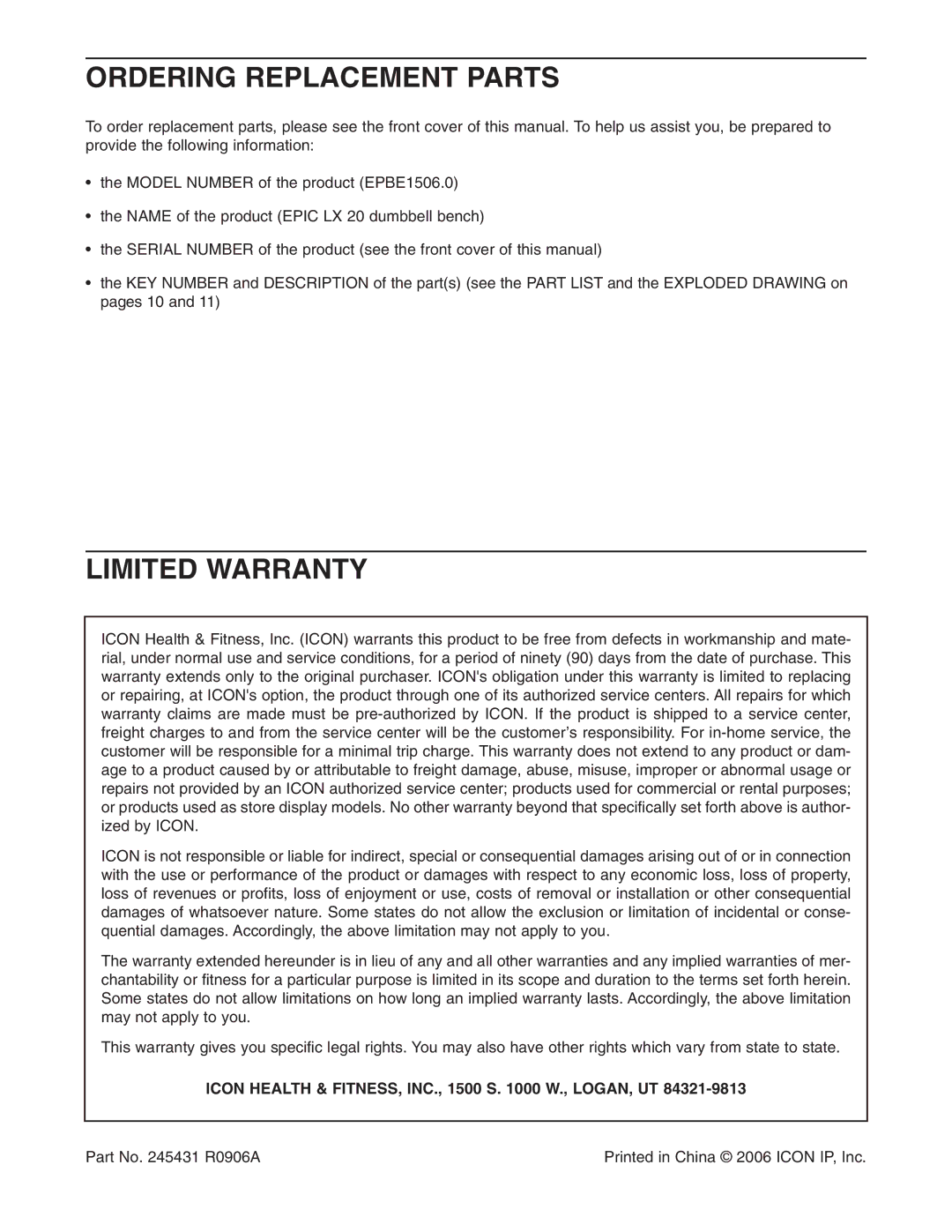 Epic Fitness EPBE1506.0 Ordering Replacement Parts, Limited Warranty, Icon Health & FITNESS, INC., 1500 S W., LOGAN, UT 