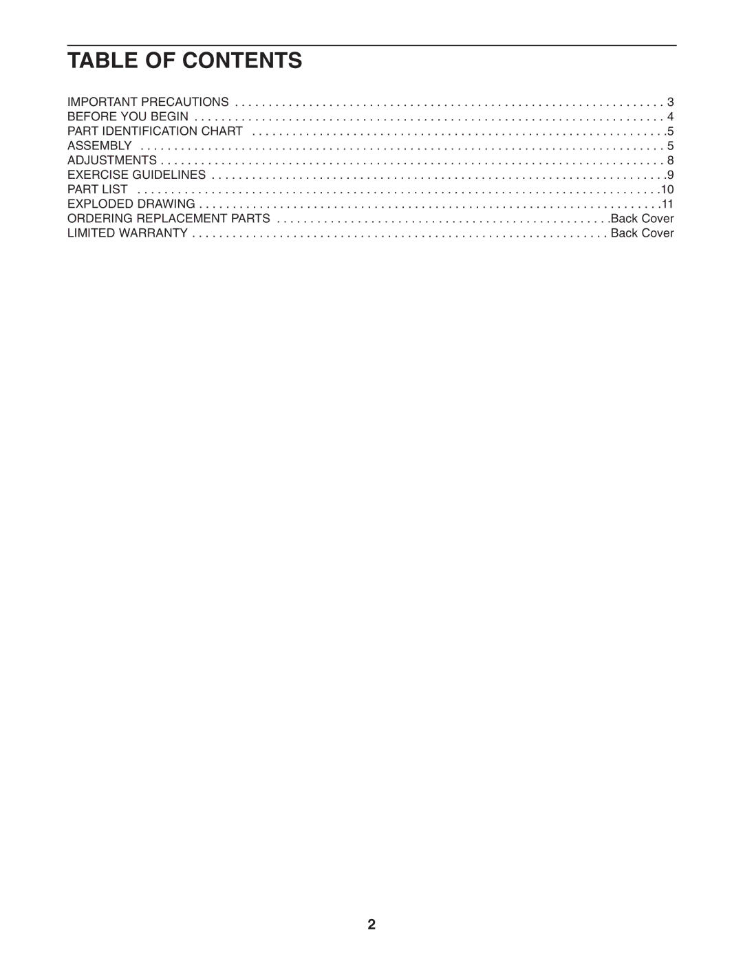 Epic Fitness EPBE1506.0 manual Table of Contents 