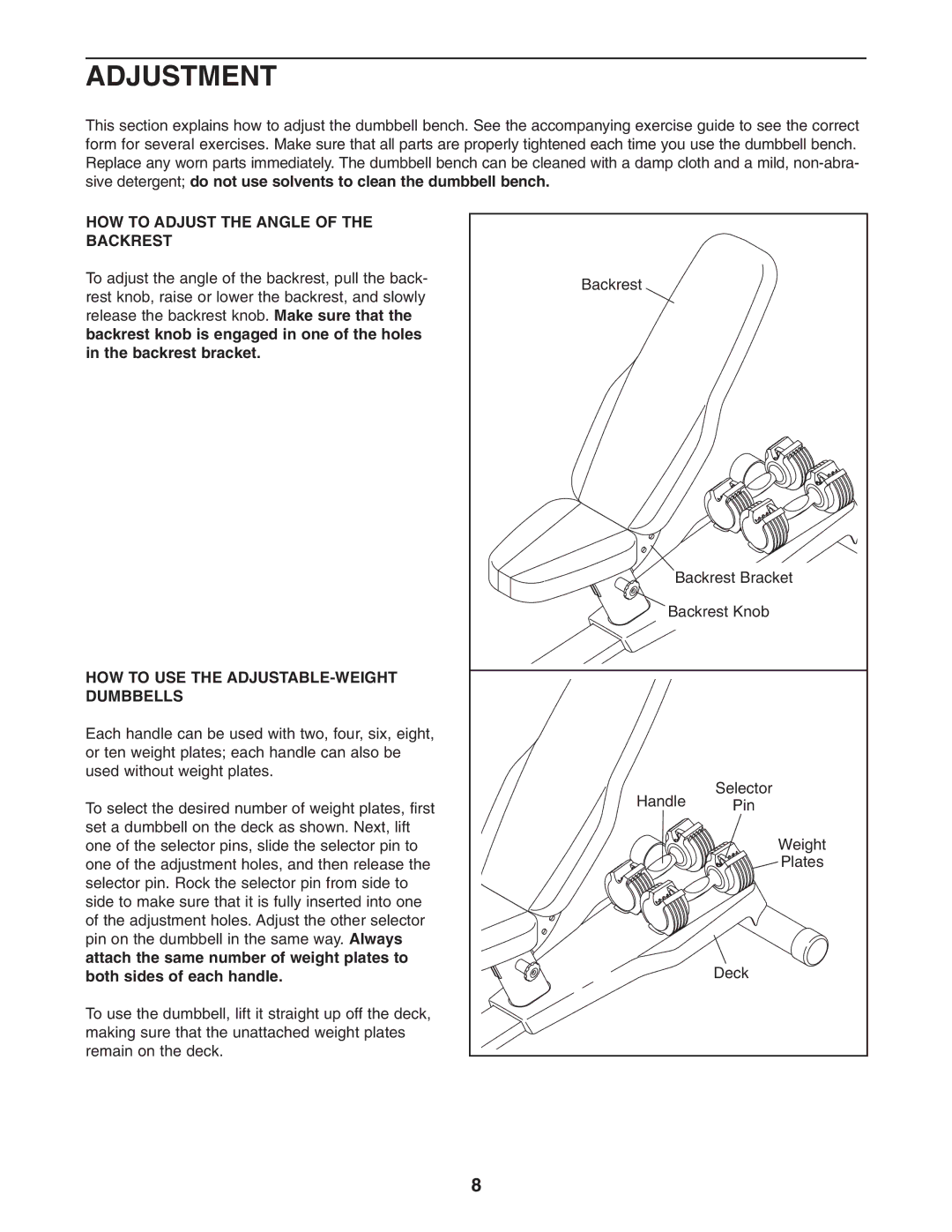 Epic Fitness EPBE1506.0 Adjustment, HOW to Adjust the Angle of the Backrest, HOW to USE the ADJUSTABLE-WEIGHT Dumbbells 