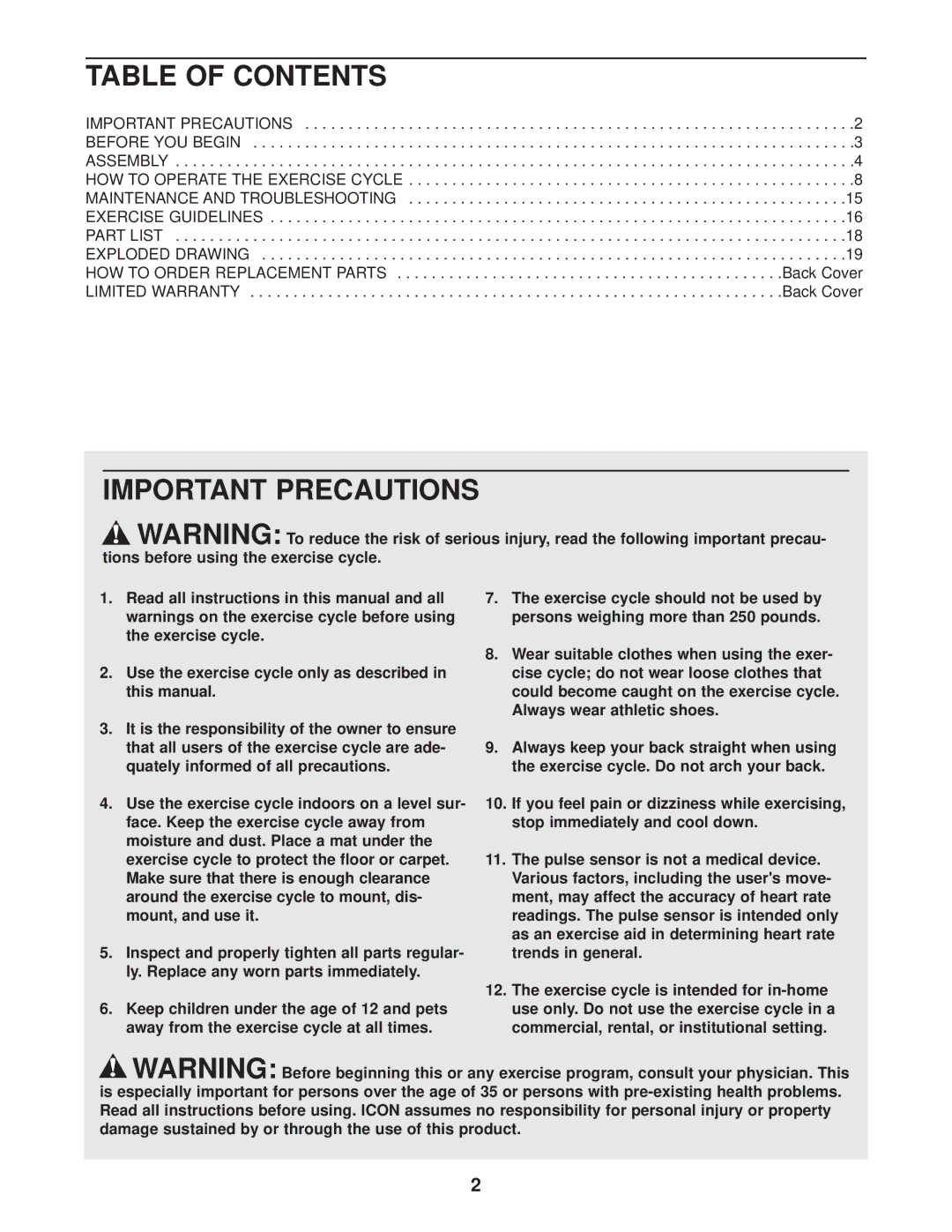 Epic Fitness EPEX3905.0 manual Table of Contents, Important Precautions 