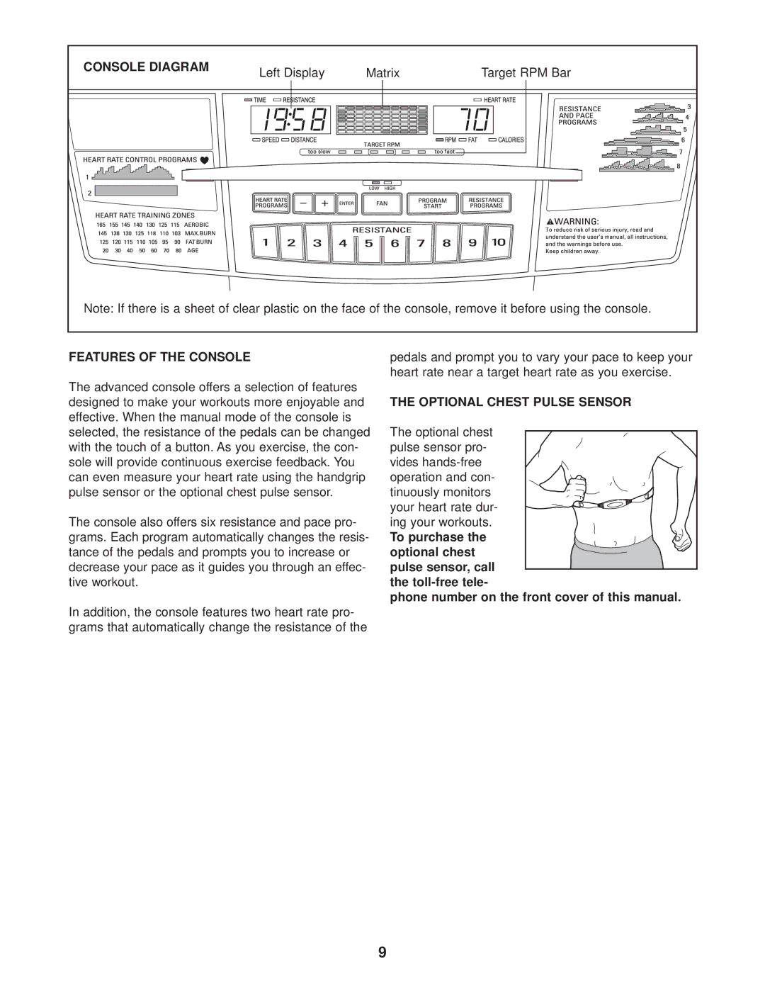 Epic Fitness EPEX3905.0 manual Console Diagram, Features of the Console, Optional Chest Pulse Sensor 