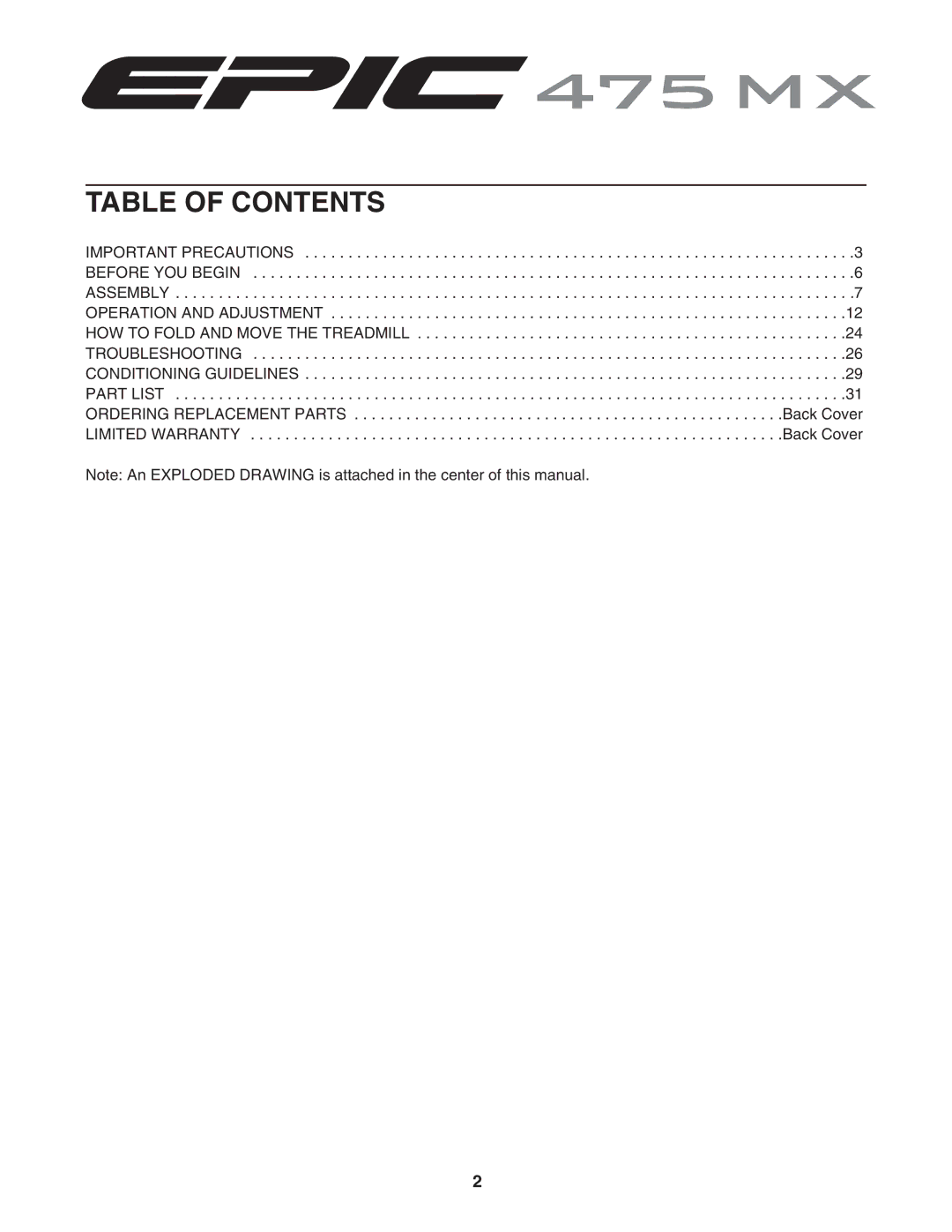 Epic Fitness EPTL09106.0 manual Table of Contents 