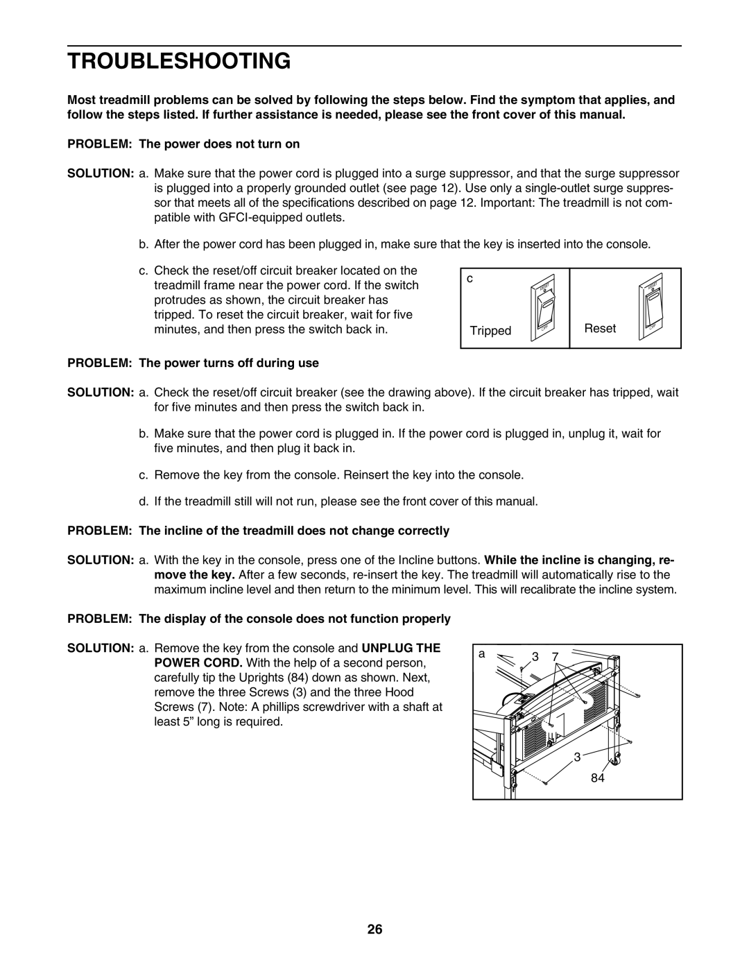 Epic Fitness EPTL09106.0 manual Troubleshooting, Problem The power turns off during use 