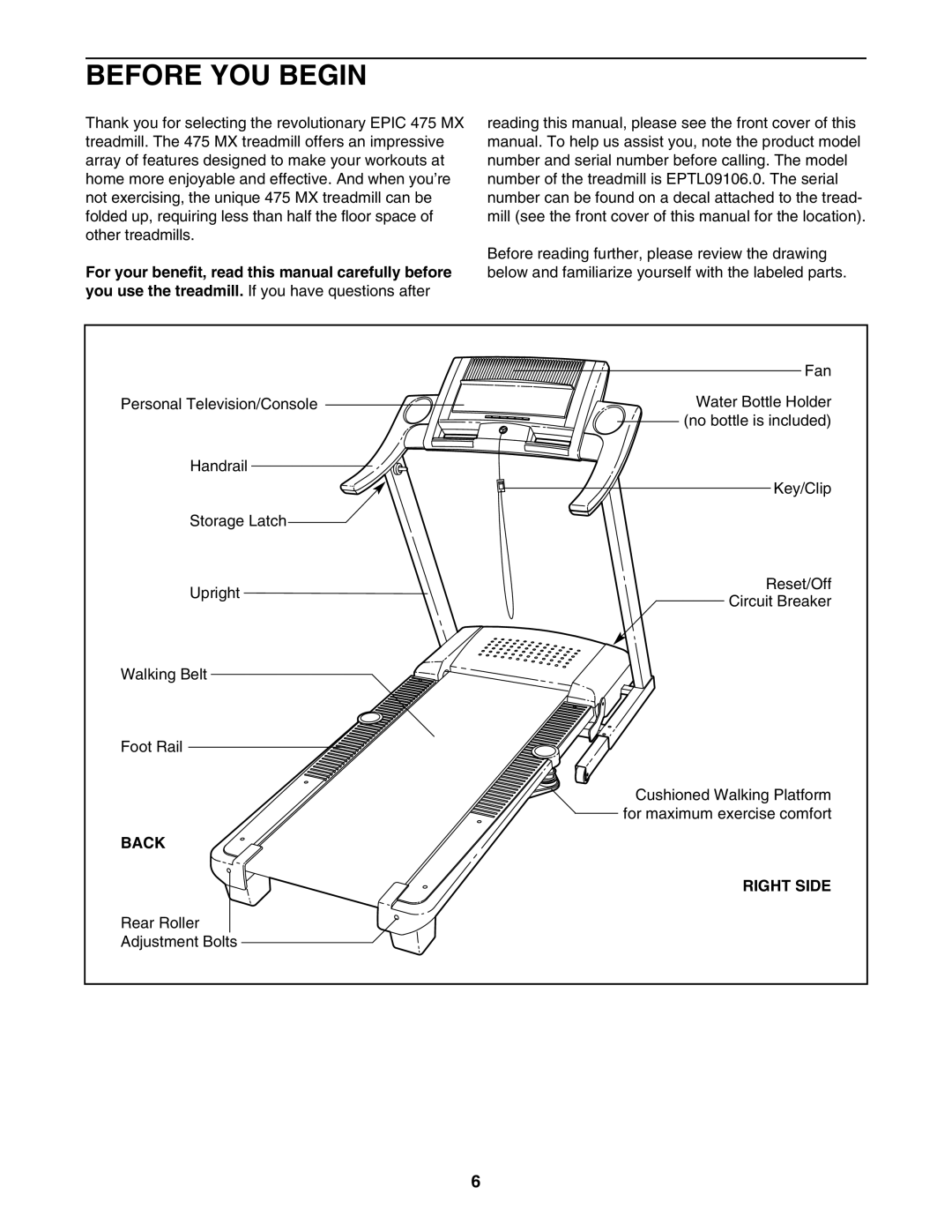 Epic Fitness EPTL09106.0 manual Before YOU Begin, Back Right Side 