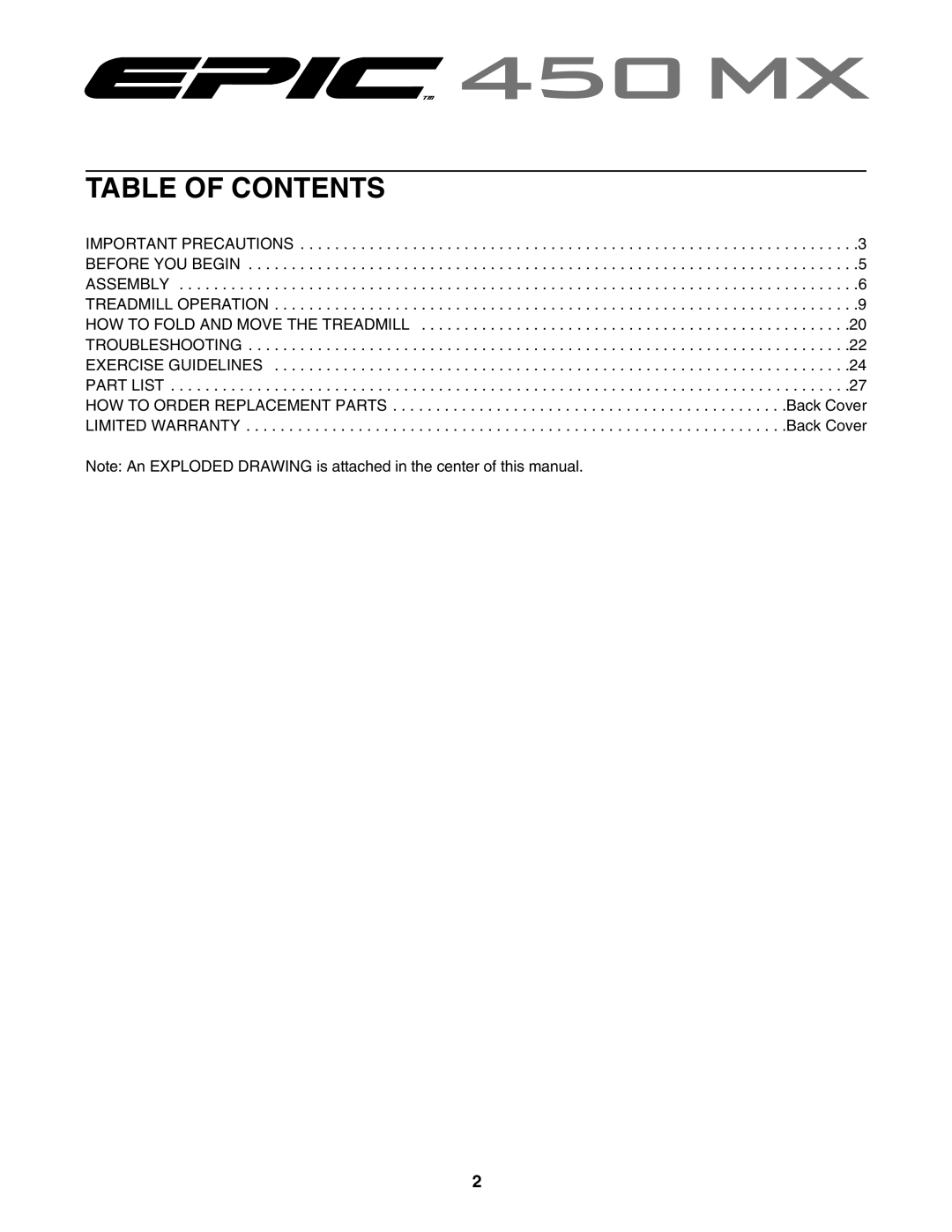 Epic Fitness EPTL09605.0 manual Table of Contents 