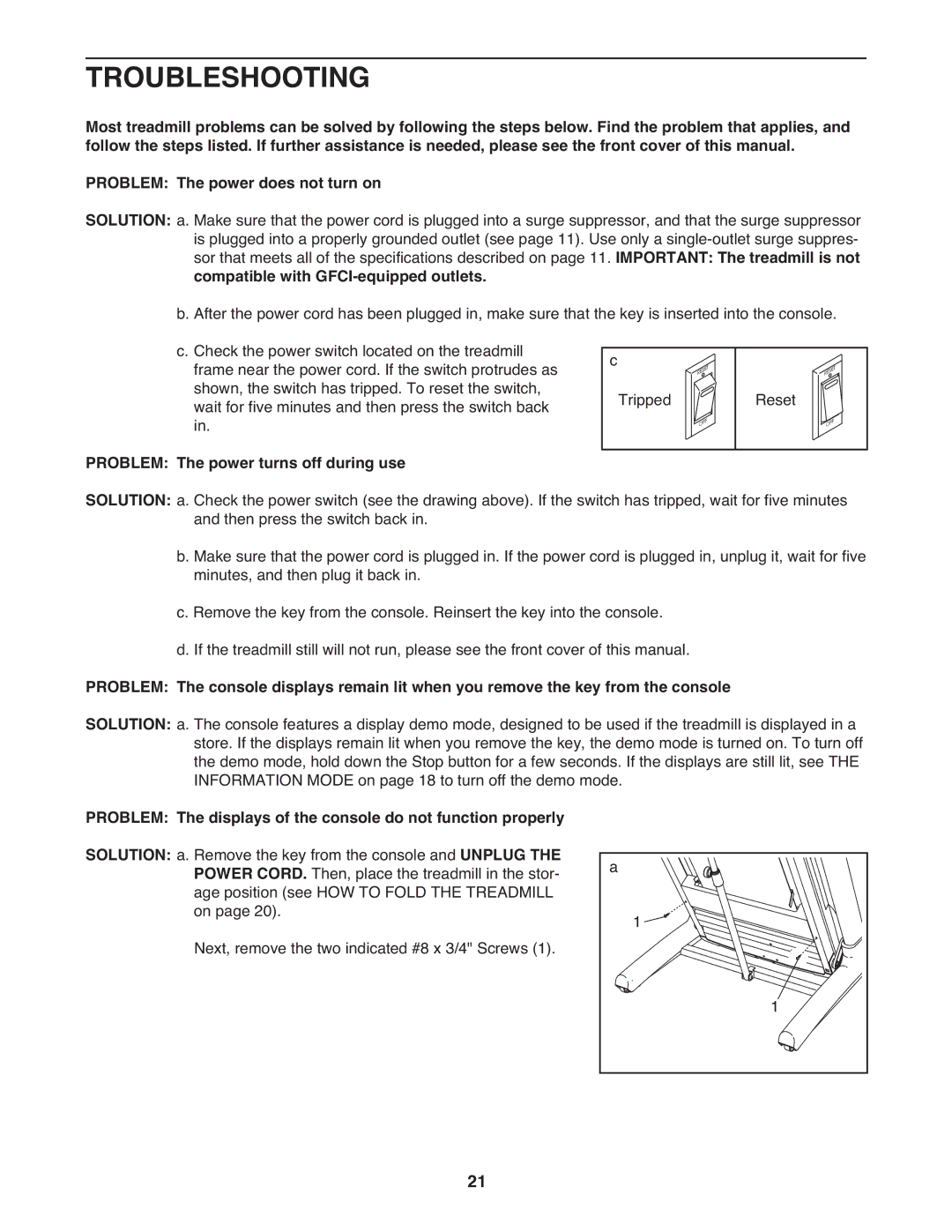 Epic Fitness EPTL12010.0 Troubleshooting, Compatible with GFCI-equipped outlets, Problem The power turns off during use 