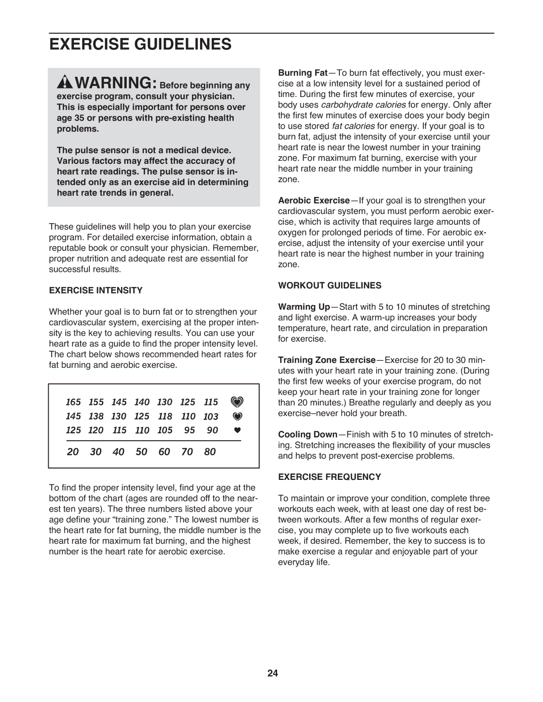 Epic Fitness EPTL12010.0 manual Exercise Guidelines, Exercise Intensity, Workout Guidelines, Exercise Frequency 