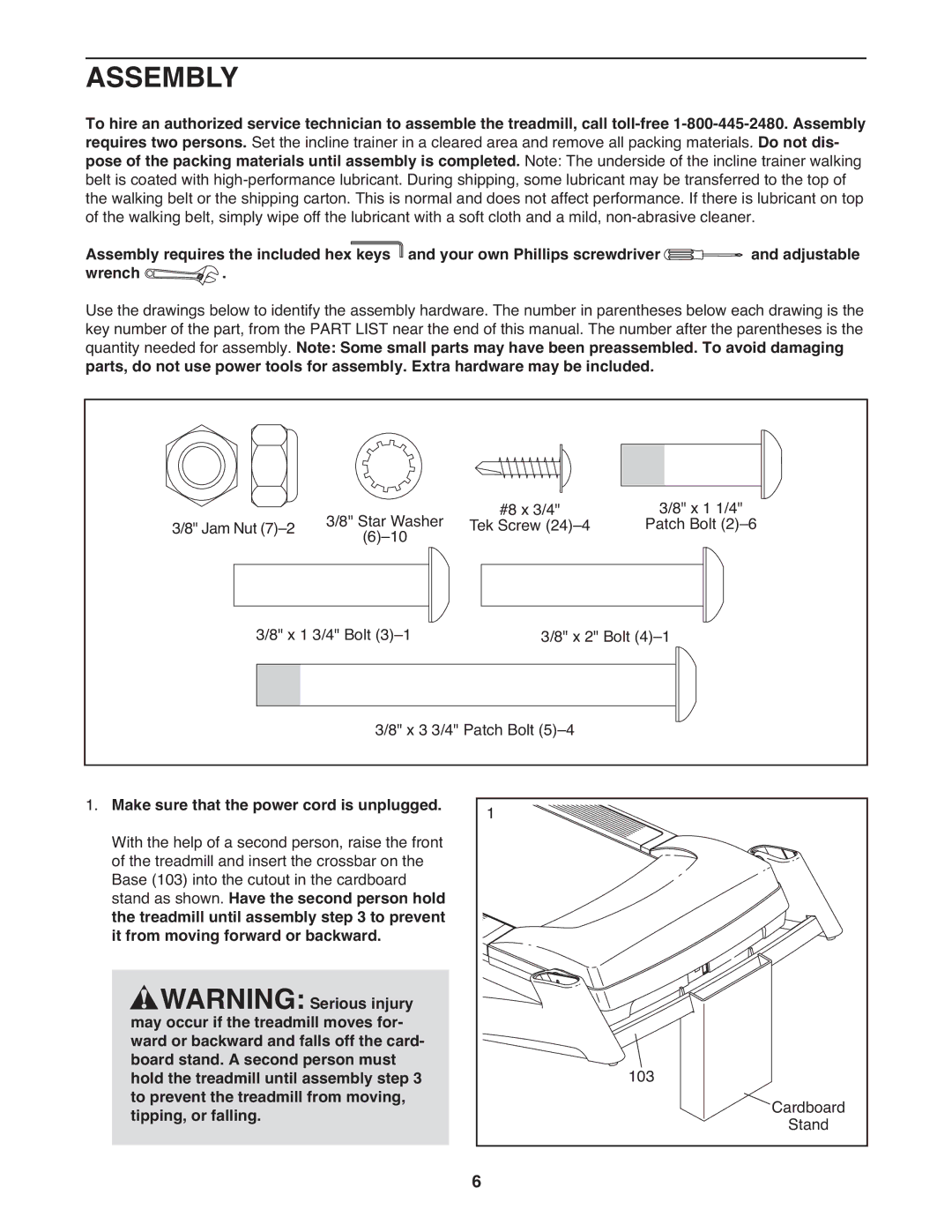 Epic Fitness EPTL12010.0 manual Assembly, Wrench, Make sure that the power cord is unplugged 