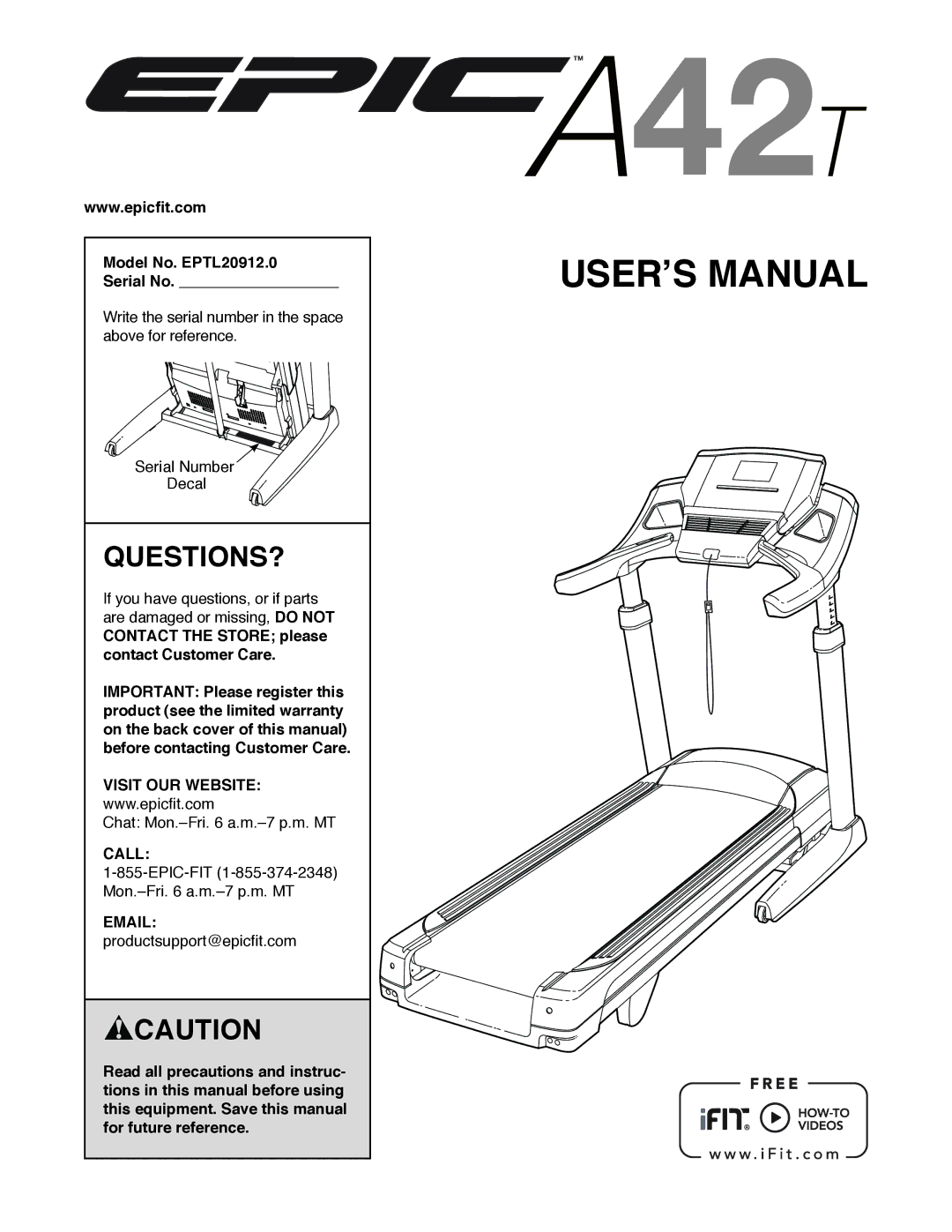 Epic Fitness eptl20912.0 manual Questions?, Model No. EPTL20912.0 Serial No, Visit OUR Website, Call 