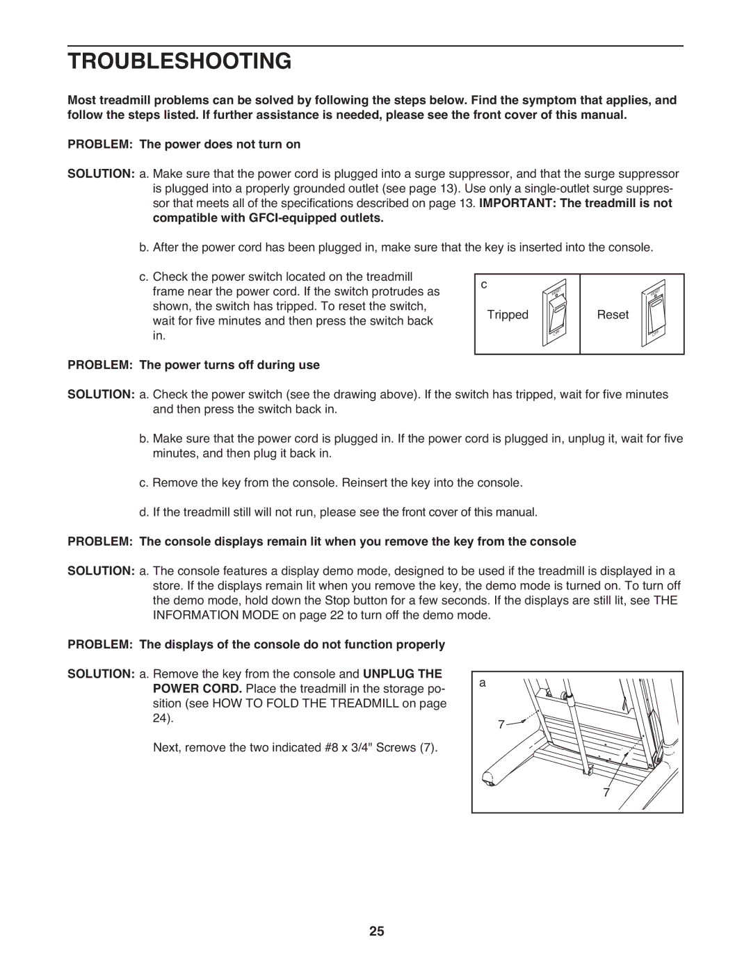 Epic Fitness EPTL22310.0 manual Troubleshooting, Important The treadmill is not, Compatible with GFCI-equipped outlets 