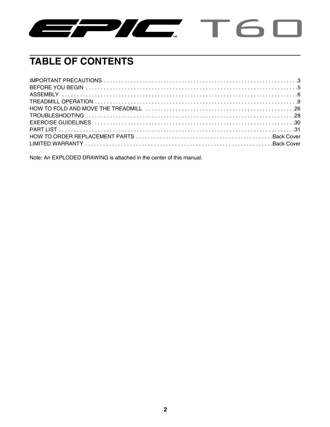 Epic Fitness EPTL818040 manual Table of Contents 