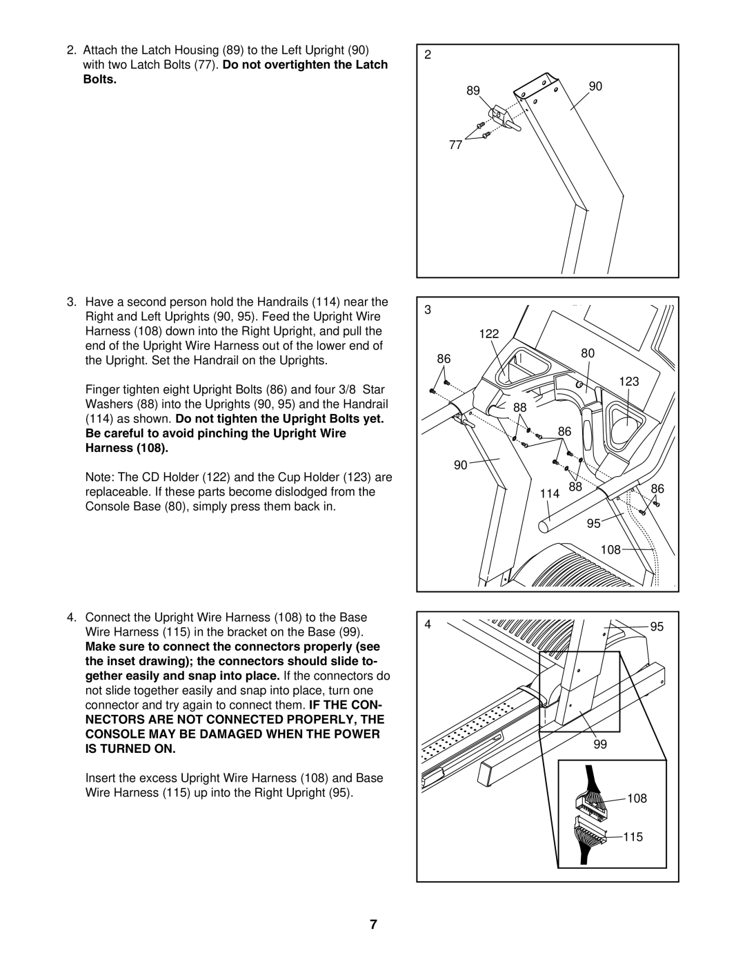 Epic Fitness EPTL818040 manual Bolts, Be careful to avoid pinching the Upright Wire Harness 