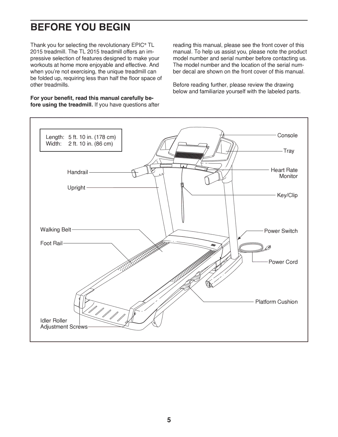 Epic Fitness EPTL89011.0 manual Before YOU Begin 