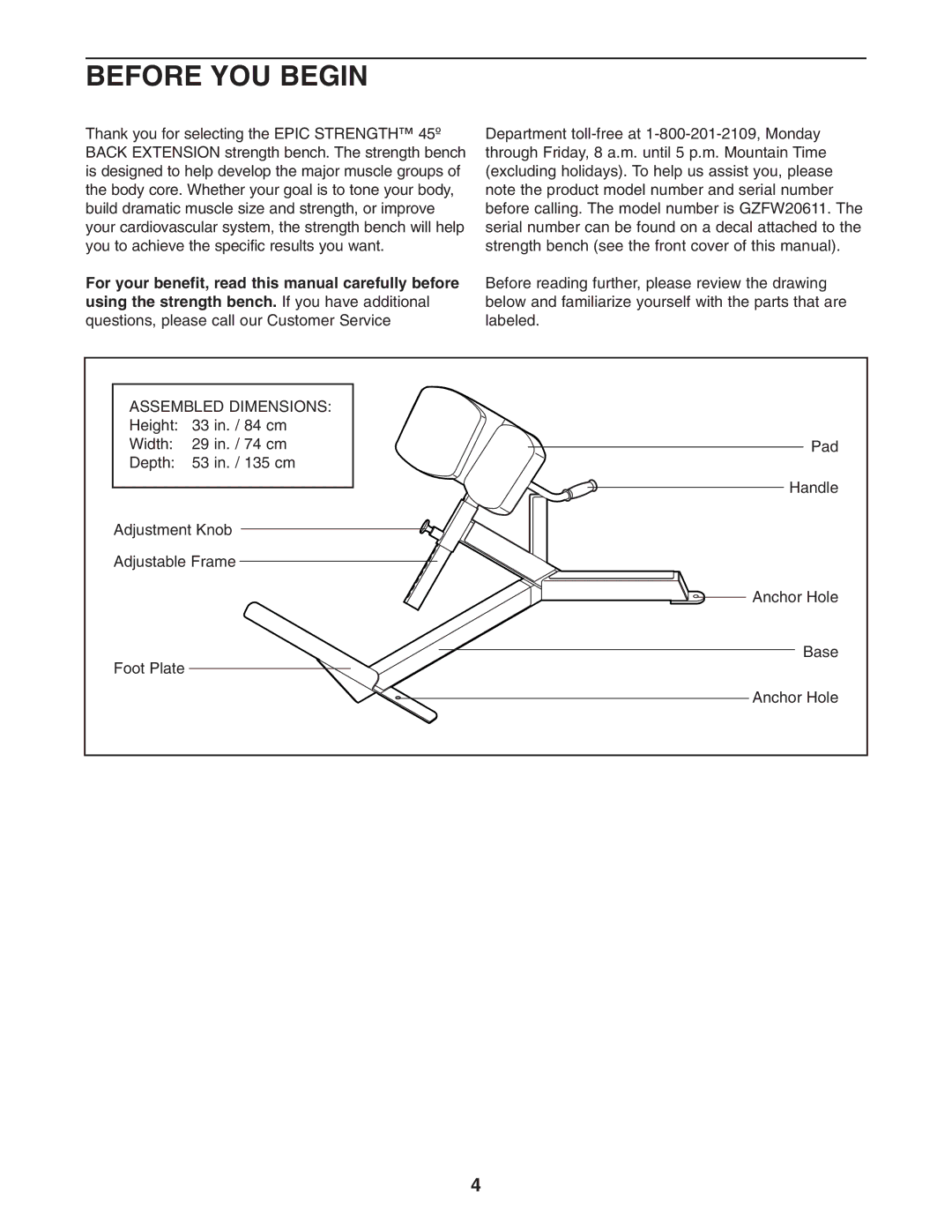 Epic Fitness GZFW20611 manual Before YOU Begin, Assembled Dimensions 