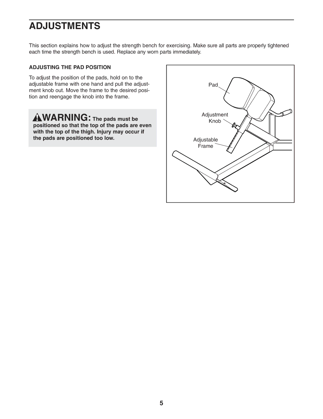 Epic Fitness GZFW20611 manual Adjustments, Adjusting the PAD Position 