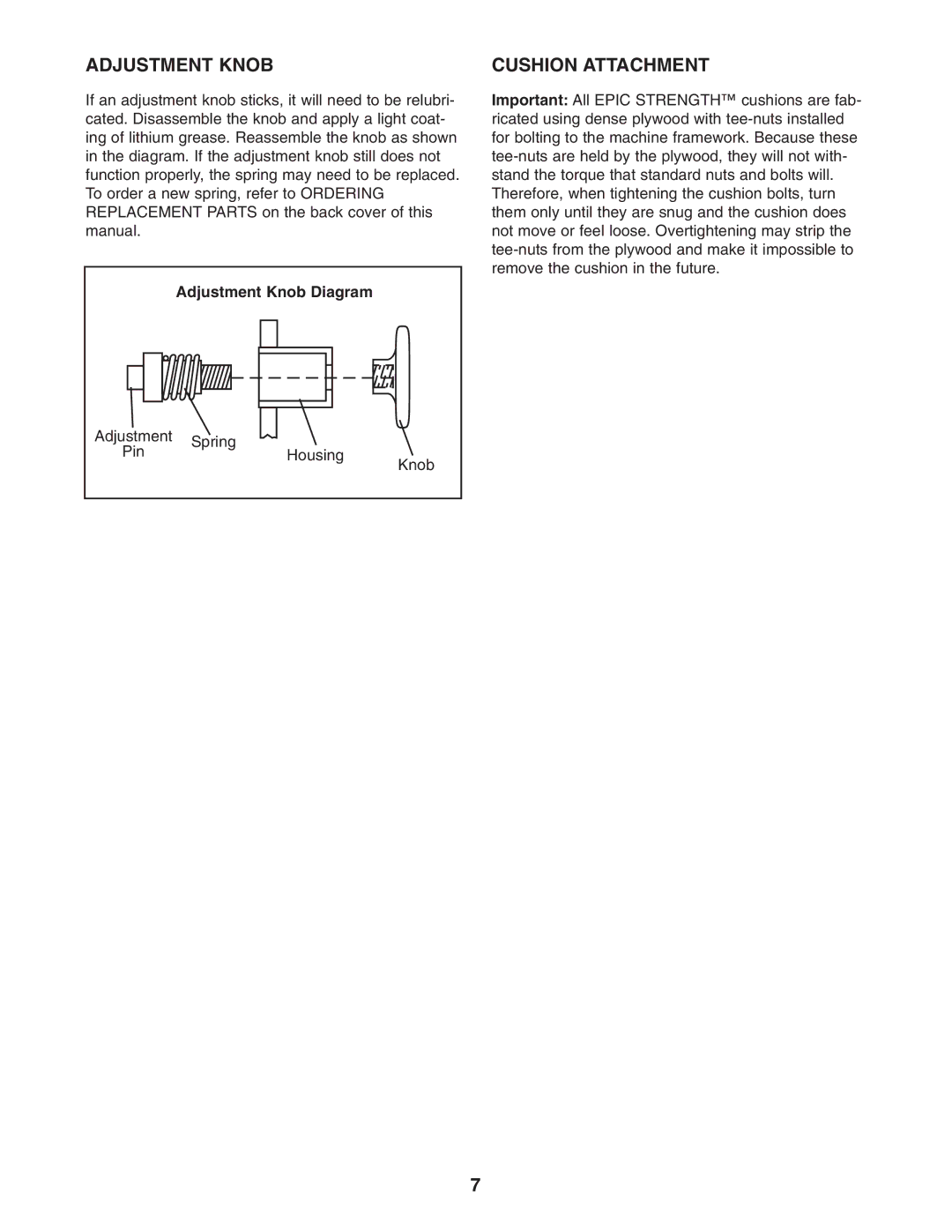 Epic Fitness GZFW20611 manual Adjustment Knob Diagram 