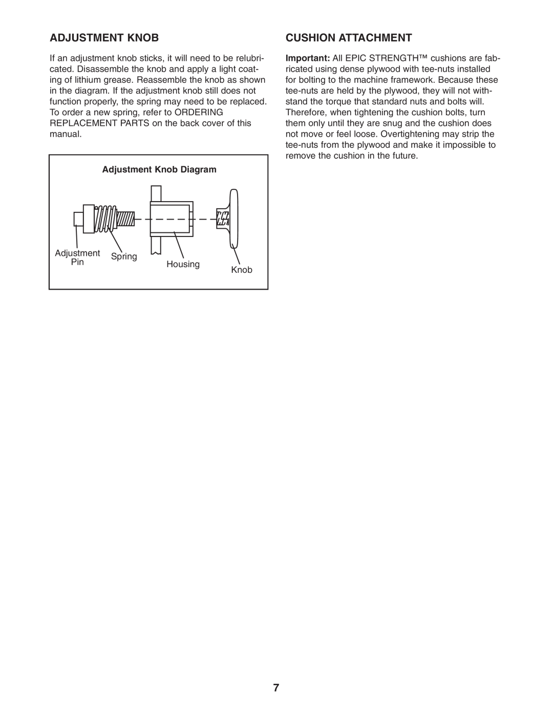 Epic Fitness GZFW20611 manual Cushion Attachment, Adjustment Knob Diagram 