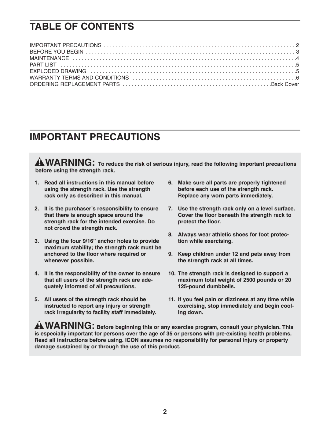 Epic Fitness GZFW20913 manual Table of Contents, Important Precautions 