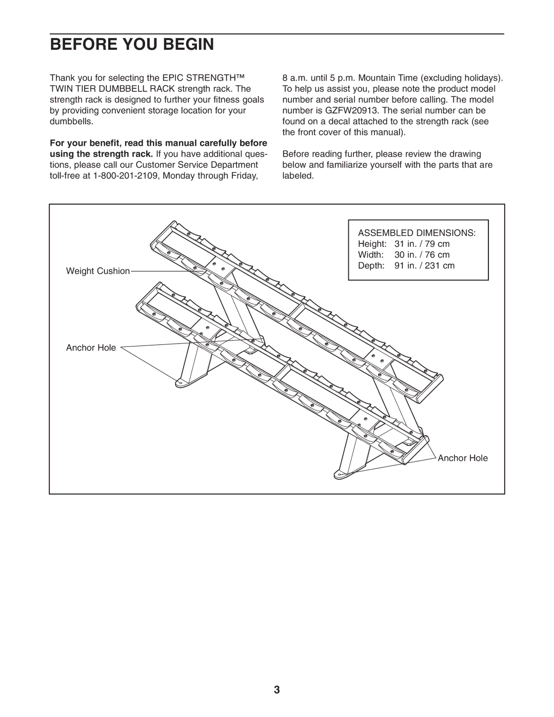 Epic Fitness GZFW20913 manual Before YOU Begin, Assembled Dimensions 