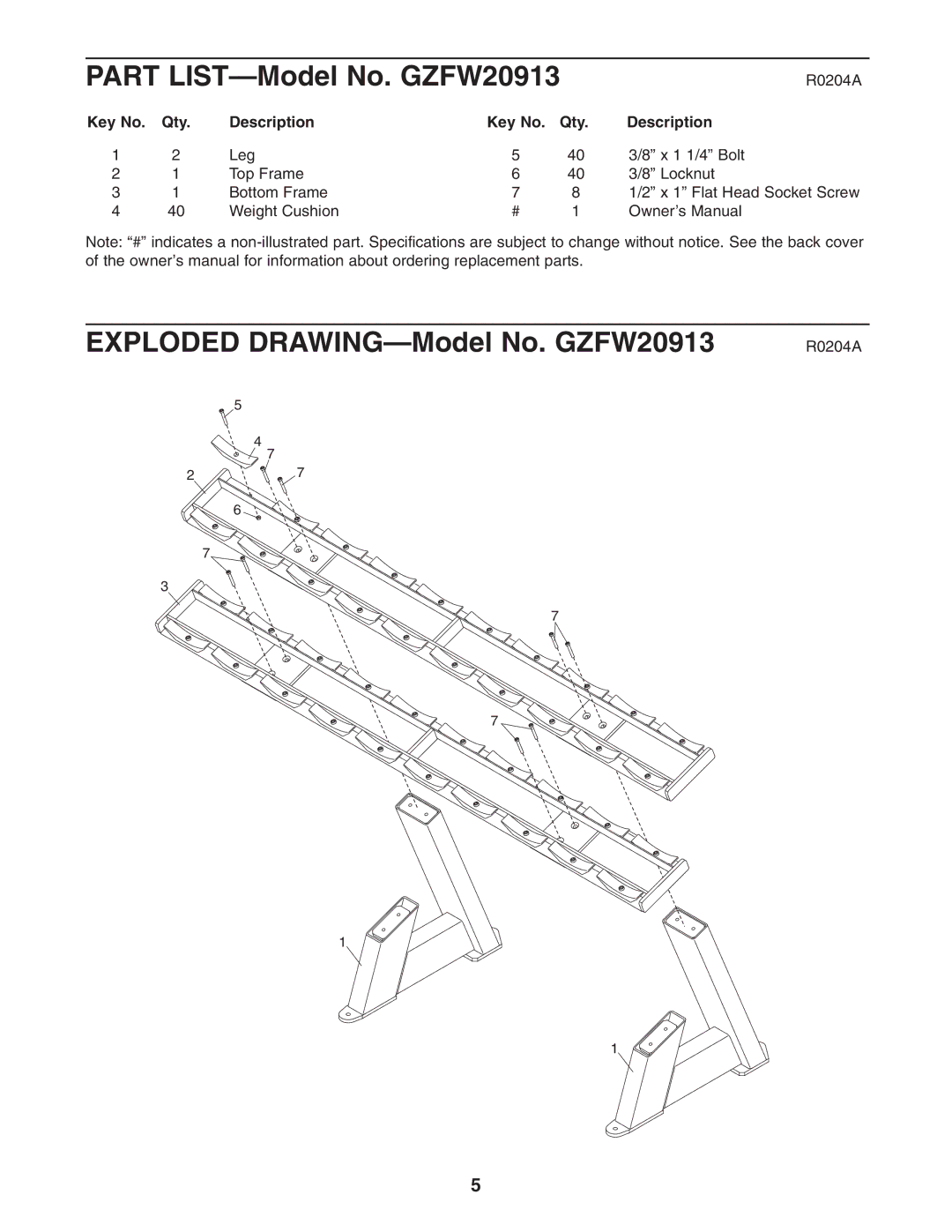 Epic Fitness GZFW20913 manual Qty Description, R0204A 