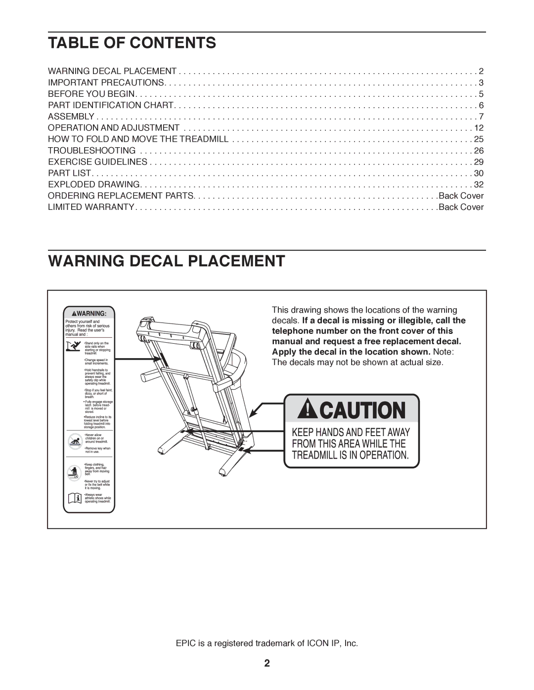 Epic Fitness TL 2710 manual Table of Contents 