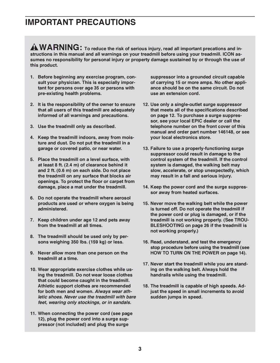 Epic Fitness TL 2710 manual Important Precautions 