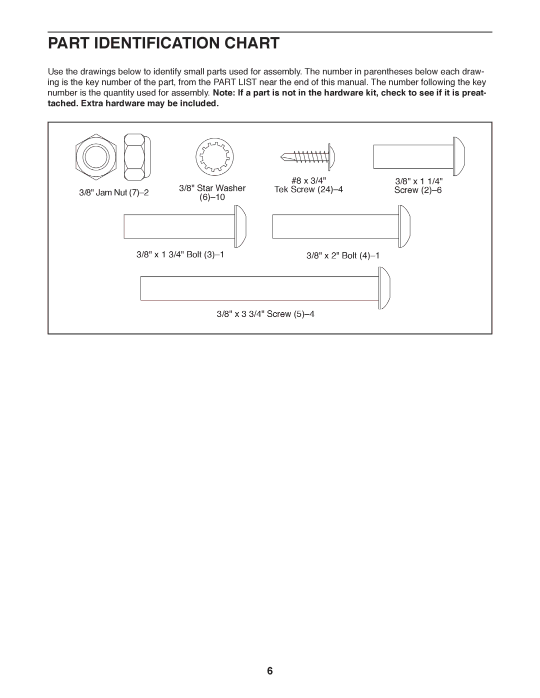 Epic Fitness TL 2710 manual Part Identification Chart 