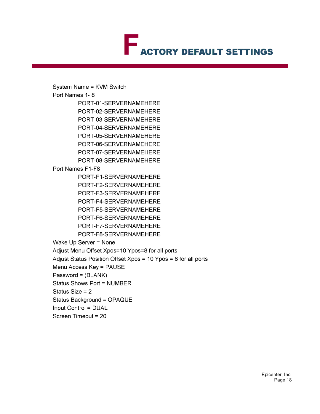 Epicenter 16 user manual Factory Default Settings 