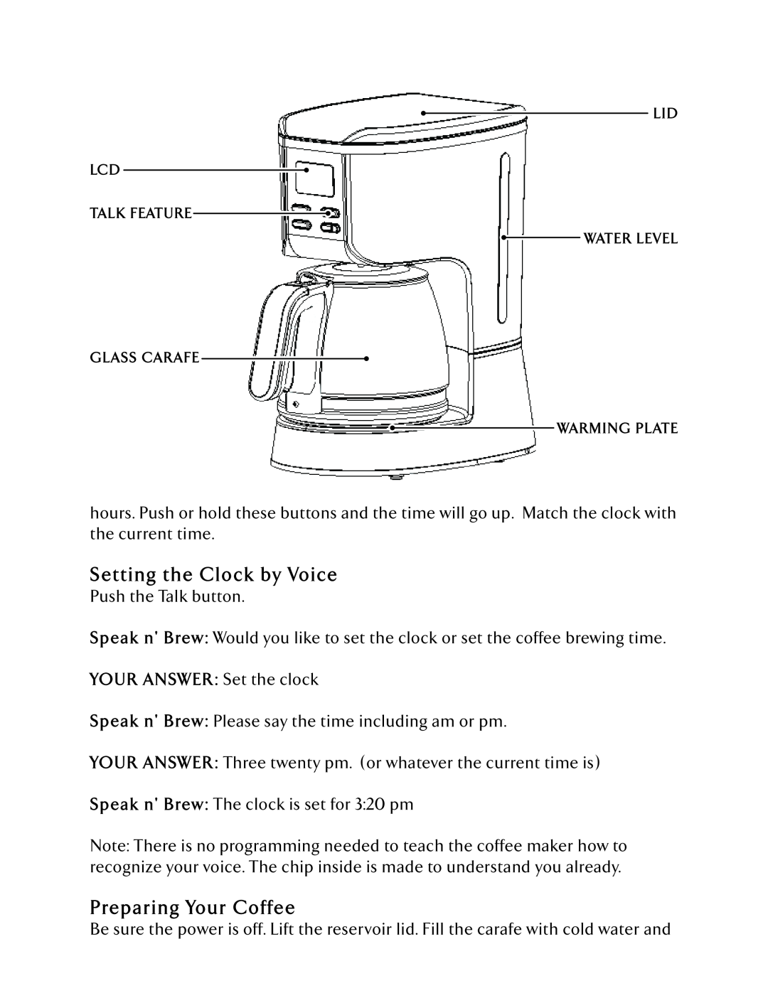 Epoca SAB-3001 user manual S etting the Clock by Voice, Preparing Your Coffee 