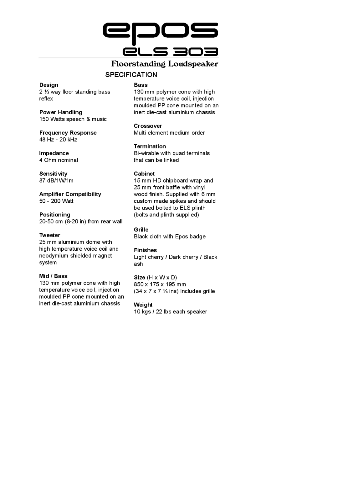 EPOS ELS Series manual Floorstanding Loudspeaker, Specification 